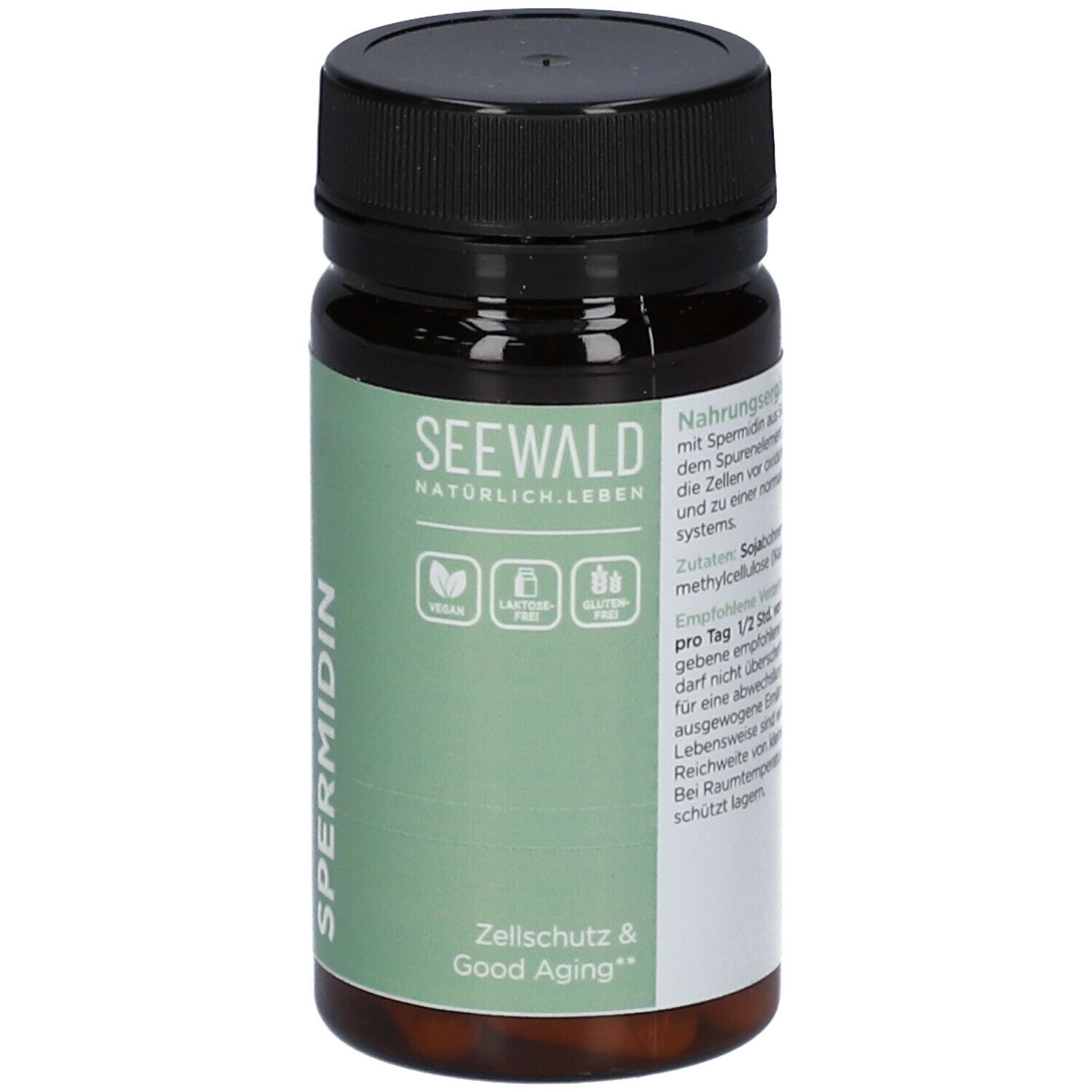 Braune Tablettenflasche mit schwarzem Deckel. Aufschrift: SEEWALD, Spermidin, vegan, laktosefrei, glutenfrei. Zellschutz & Good Aging. Text.