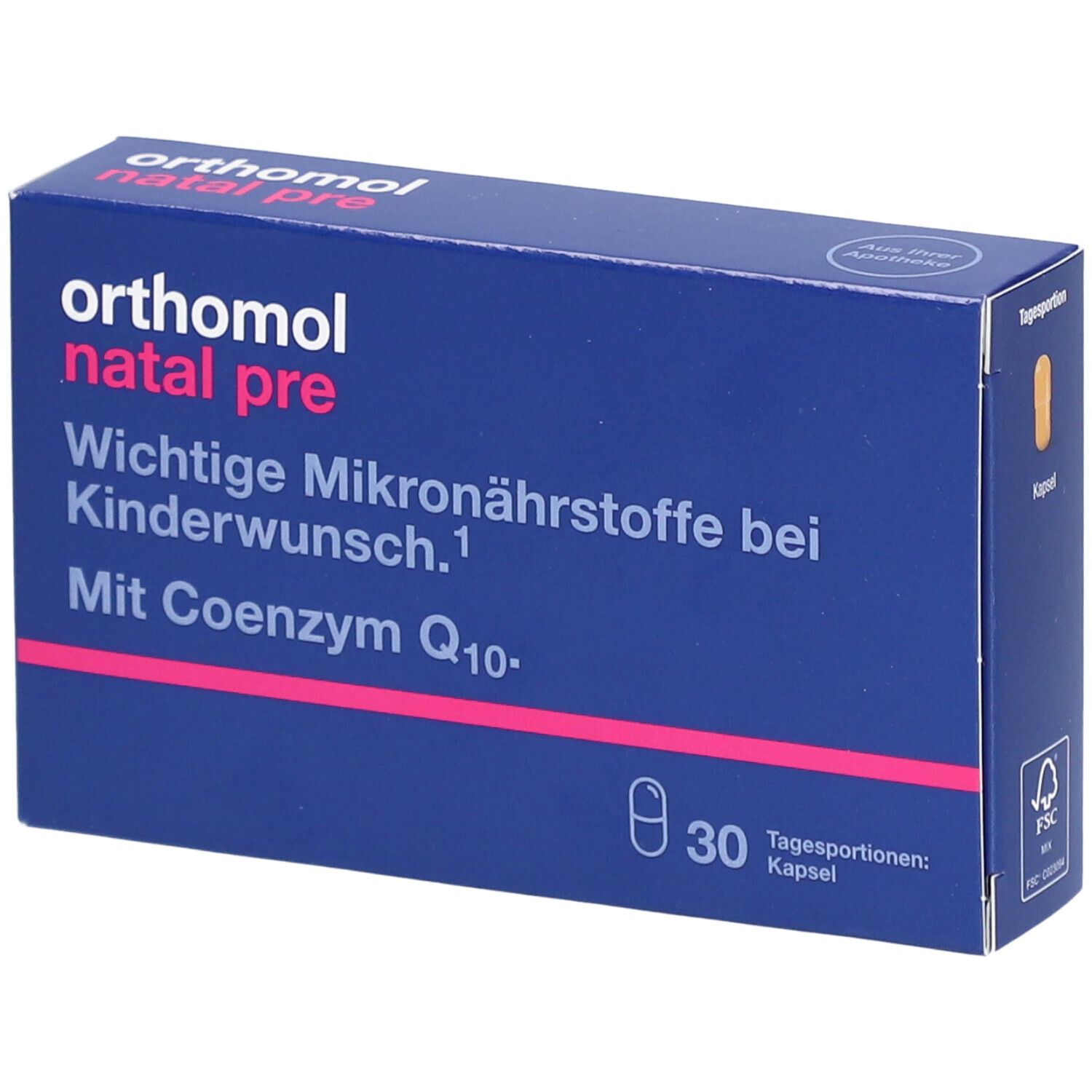 Blau-weiße Schachtel mit "orthomol natal pre"-Logo. Enthält 30 Kapseln. Text: Wichtige Mikronährstoffe bei Kinderwunsch.