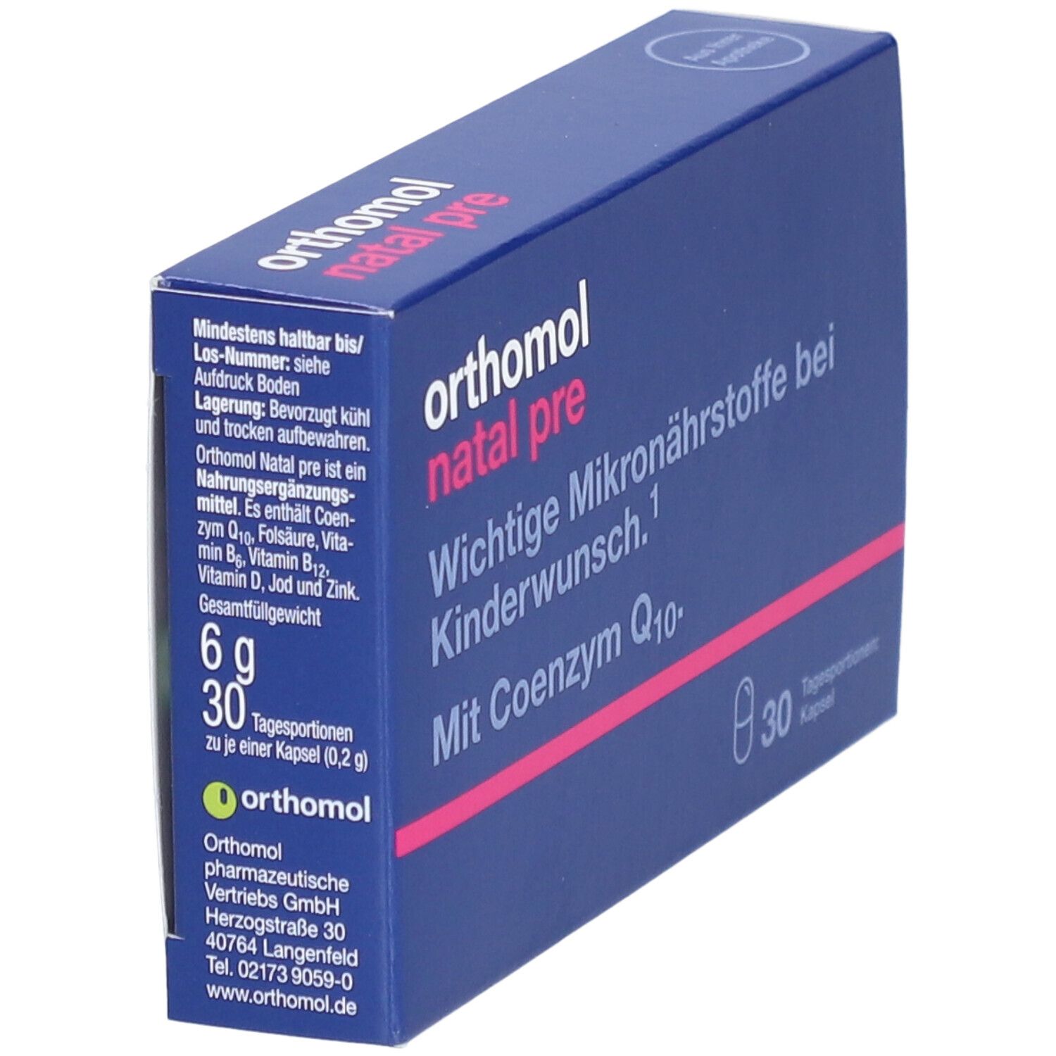Blaue Schachtel mit "orthomol natal pre". Text: Wichtige Mikronährstoffe bei Kinderwunsch. Enthält 30 Kapseln. Detailansicht der Inhaltsstoffe.