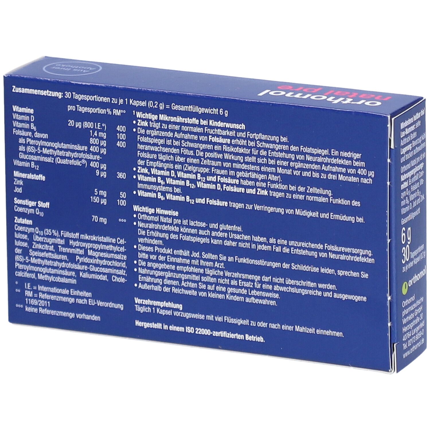 Rückseite der blauen Schachtel mit "orthomol natal pre". Text: Zusammensetzung, Hinweise, Inhaltsstoffe. 30 Tagesportionen. FSC-Zertifizierung.