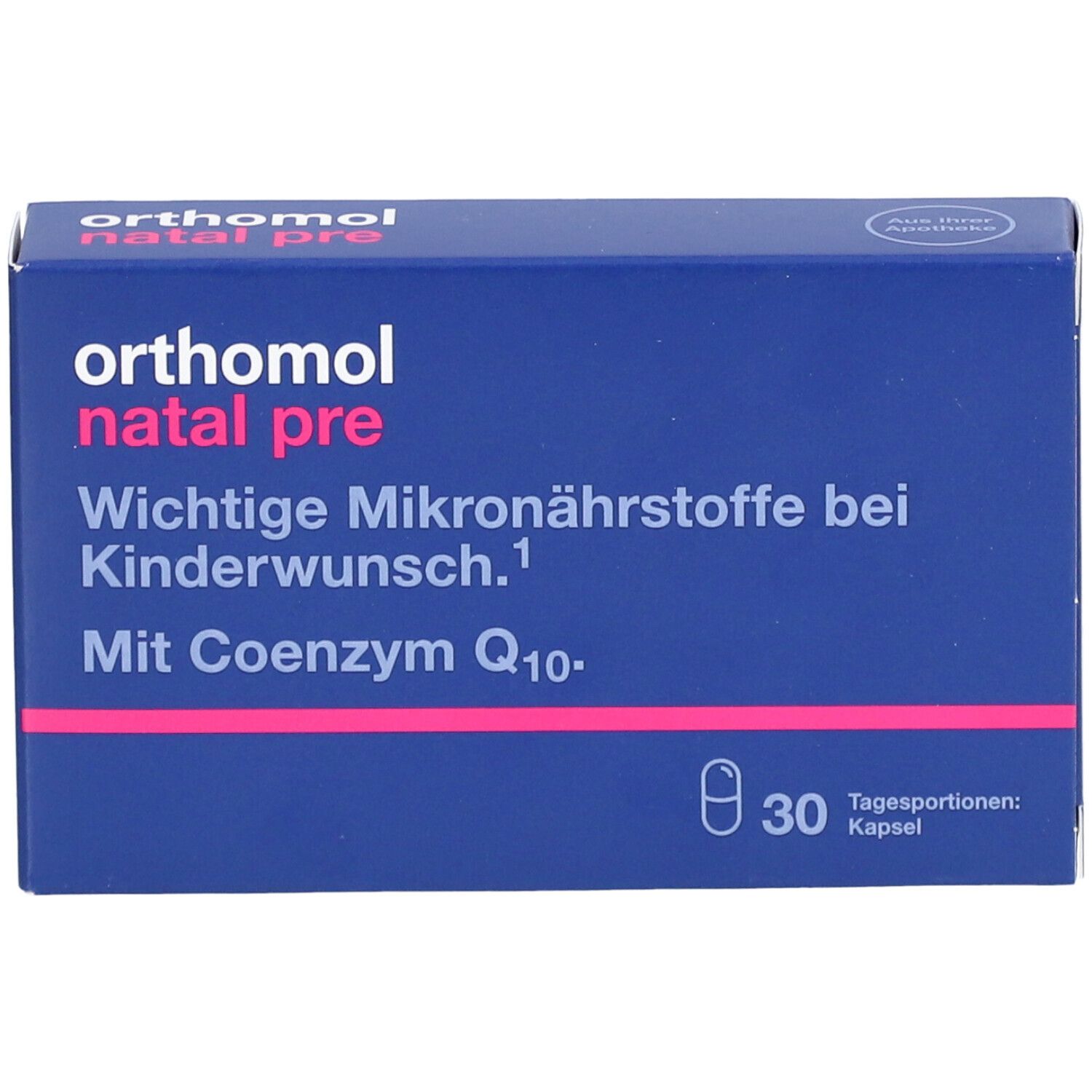 Blaue Schachtel mit "orthomol natal pre"-Logo. Text: Wichtige Mikronährstoffe bei Kinderwunsch. 30 Kapseln.