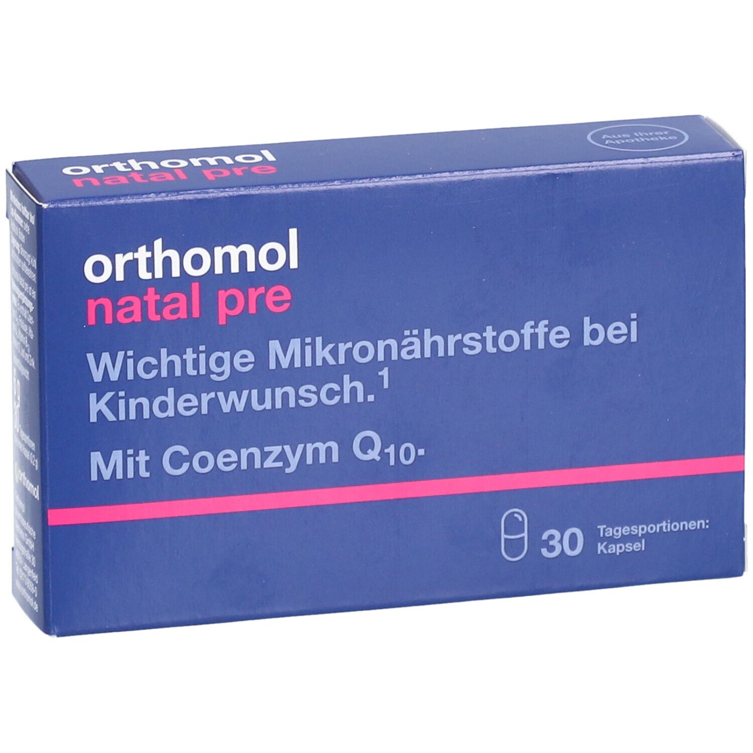 Blaue Schachtel mit "orthomol natal pre"-Logo. Text: Wichtige Mikronährstoffe bei Kinderwunsch. 30 Kapseln.