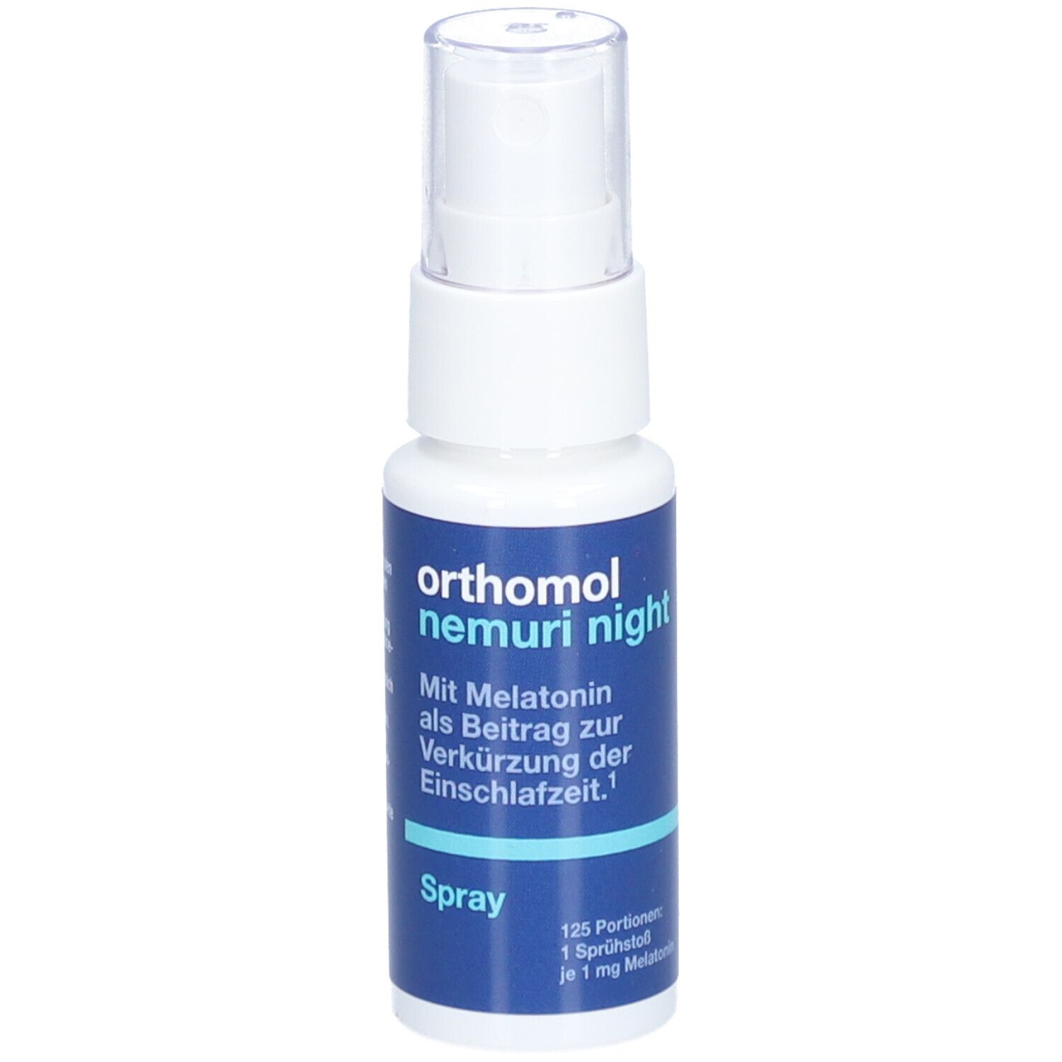 Orthomol Nemuri night Spray. Weiße Flasche mit blauem Etikett. Enthält Text und Dosierungsangaben. Transparenter Sprühkopf.