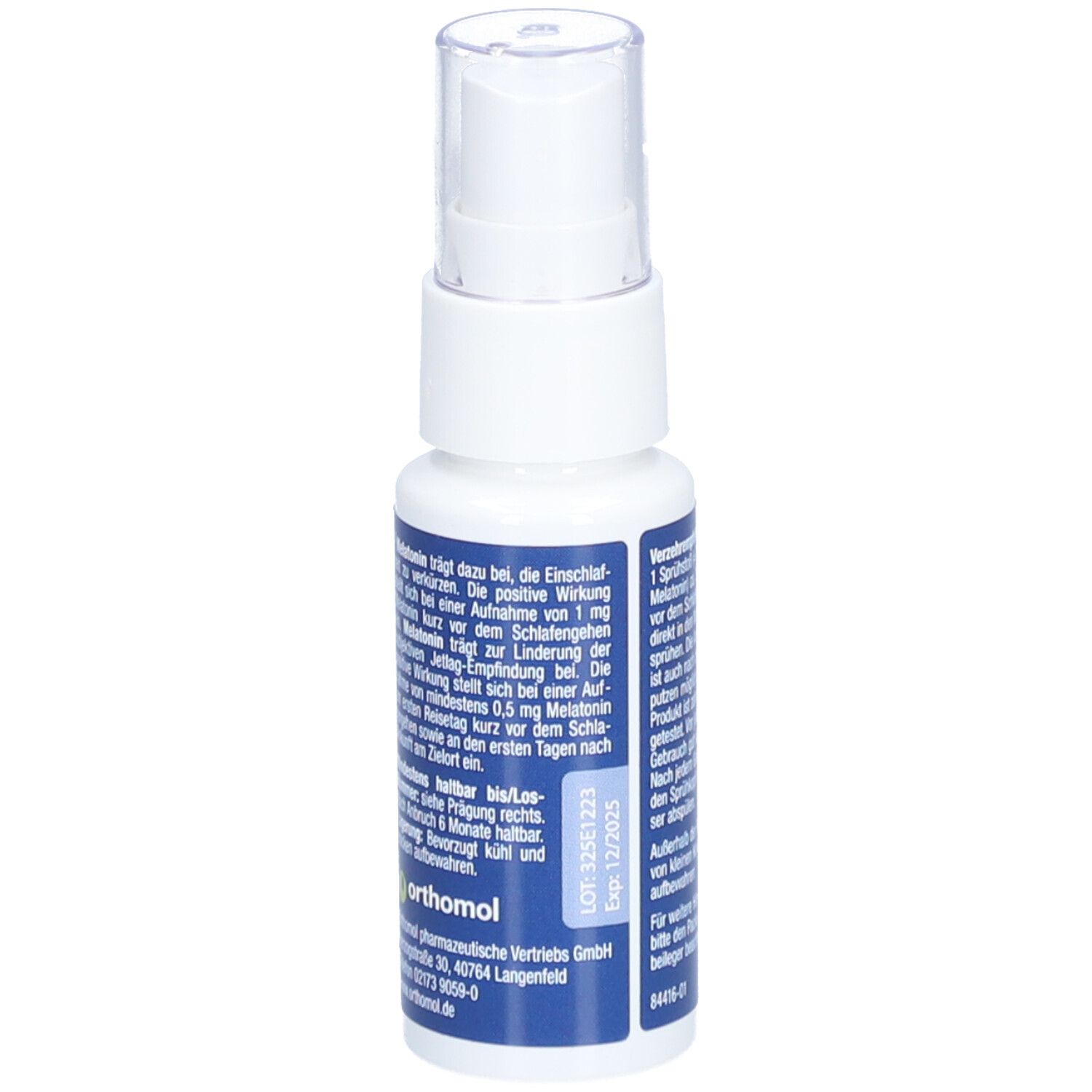 Orthomol Nemuri night Spray. Weiße Flasche mit blauem Etikett. Enthält Text und Dosierungsangaben. Transparenter Sprühkopf.