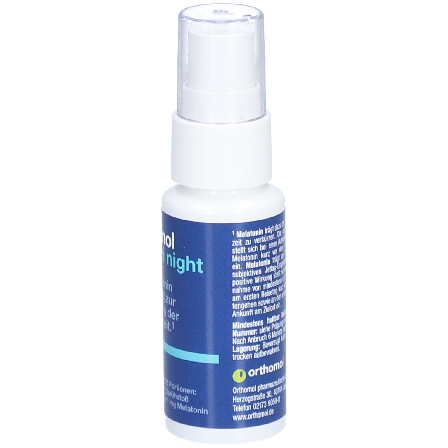 Orthomol Nemuri night Spray. Weiße Flasche mit blauem Etikett. Enthält Text und Dosierungsangaben. Transparenter Sprühkopf.
