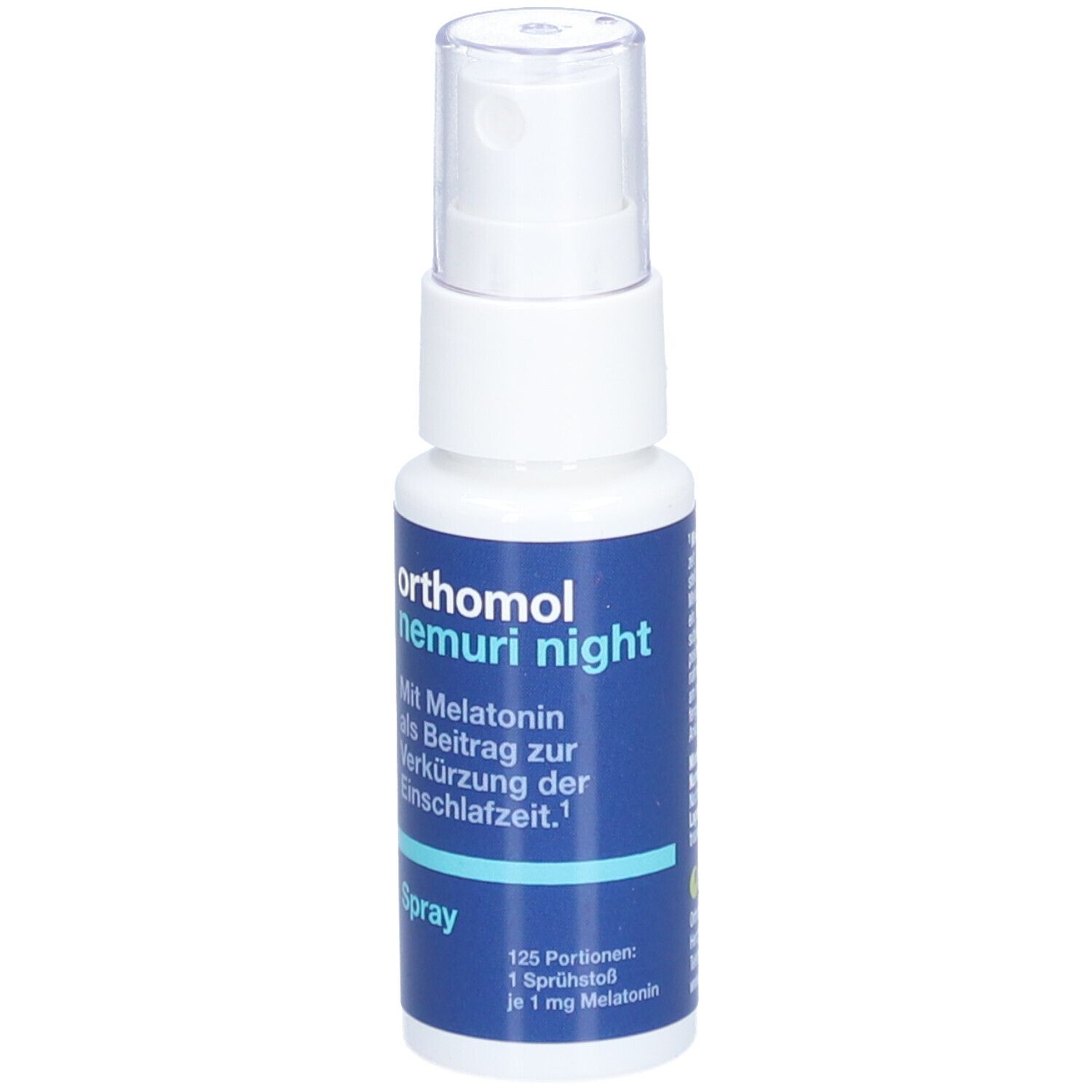 Orthomol Nemuri night Spray. Weiße Flasche mit blauem Etikett. Enthält Text und Dosierungsangaben. Transparenter Sprühkopf.