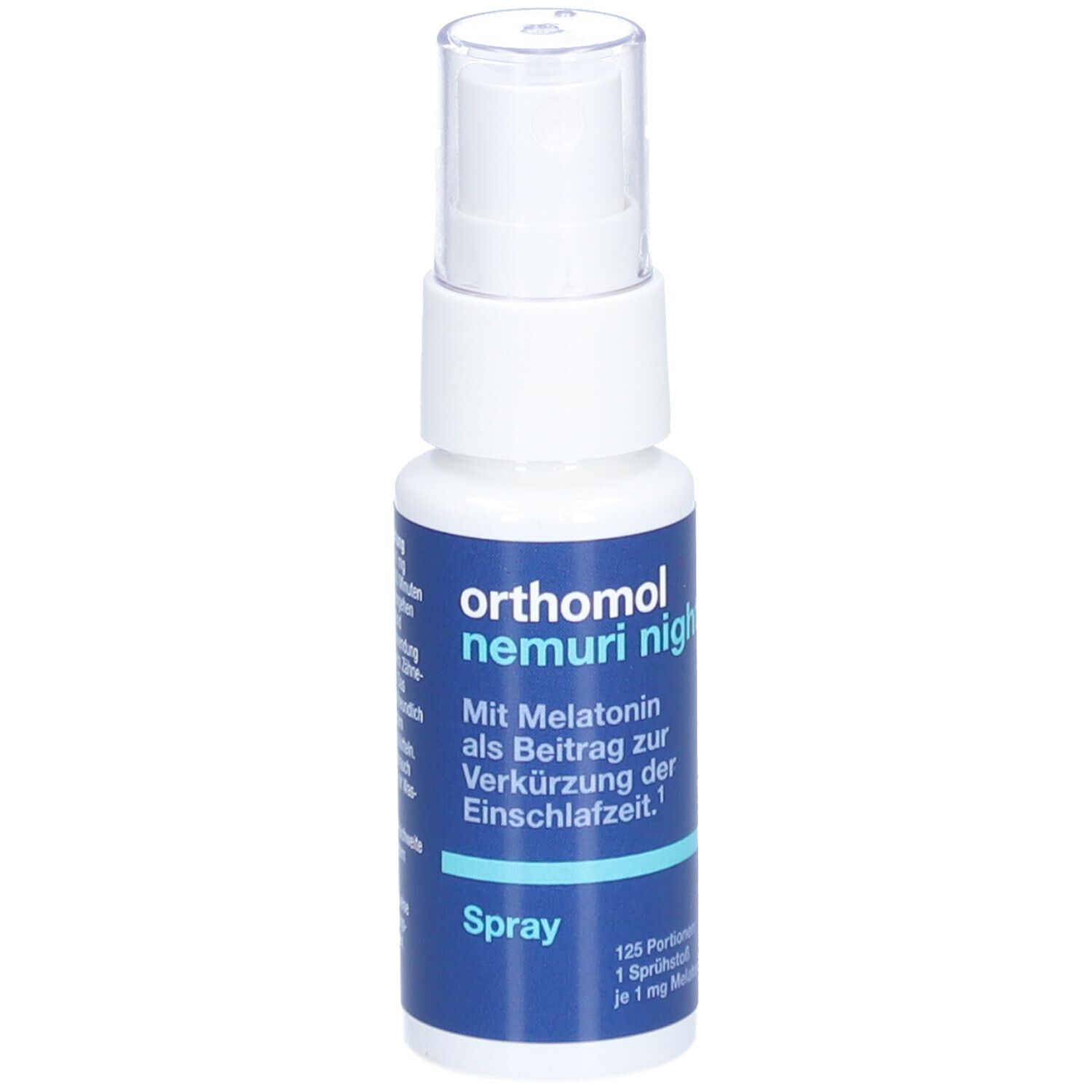 Orthomol Nemuri night Spray. Weiße Flasche mit blauem Etikett. Enthält Text und Dosierungsangaben. Transparenter Sprühkopf.