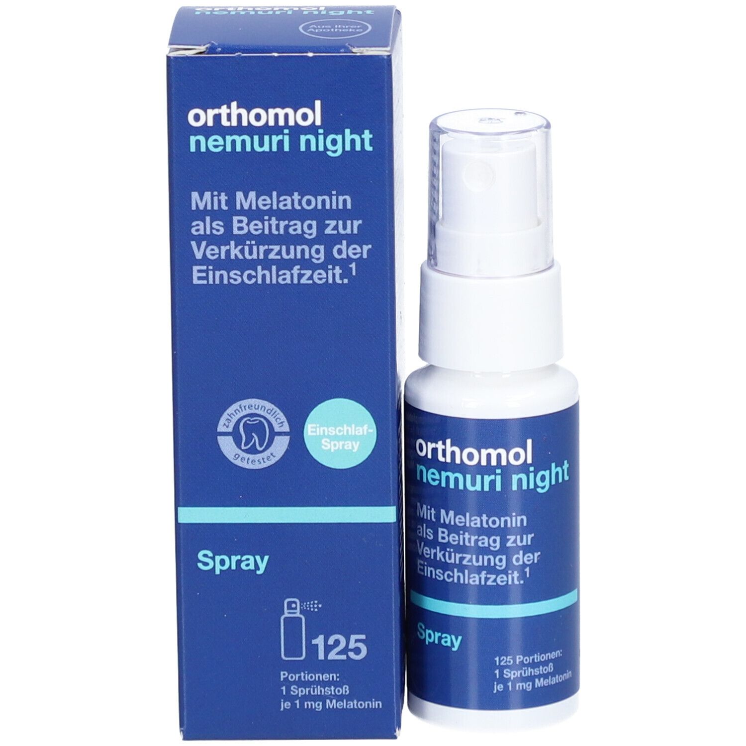 Orthomol Nemuri night Spray und Verpackung. Sprayflasche und Schachtel. Blaue Verpackung mit Produktinformationen.