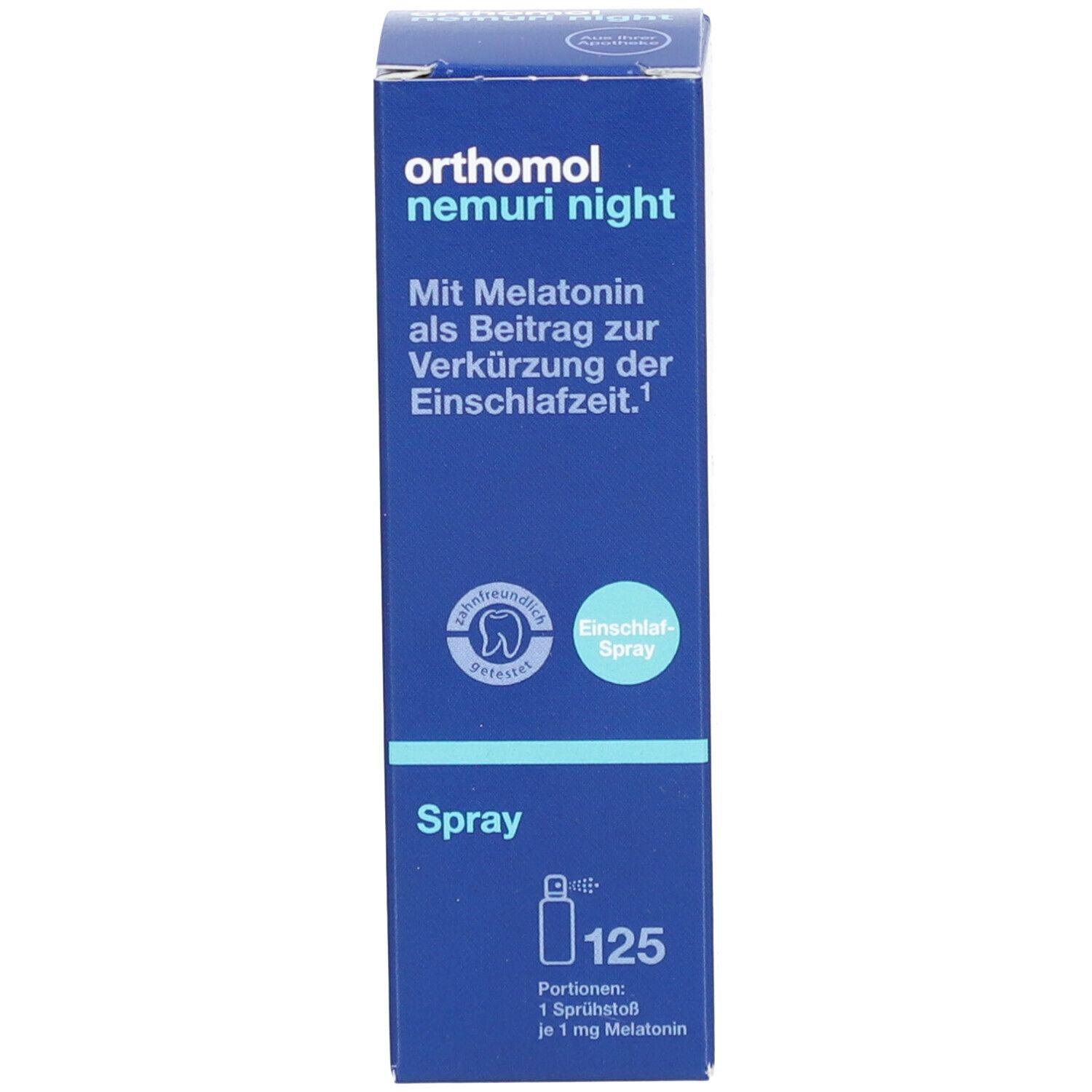 Verpackung von Orthomol Nemuri night Spray. Blaue Schachtel mit Produktinformationen. Enthält eine Abbildung des Sprays.