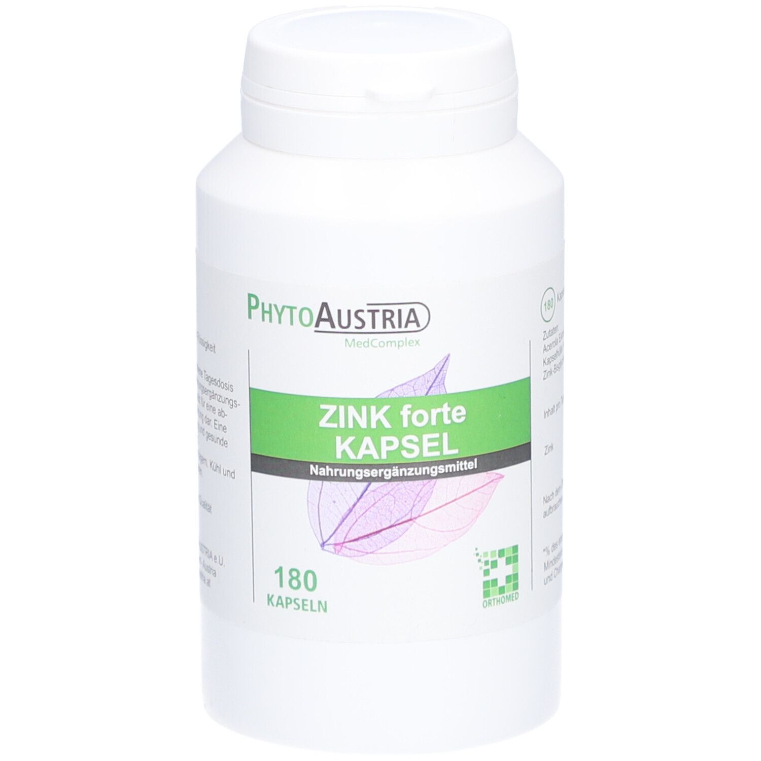 Weiße Flasche mit grünem Etikett. Aufschrift: Zink forte Kapsel, 180 Kapseln. Marke: PhytoAustria.