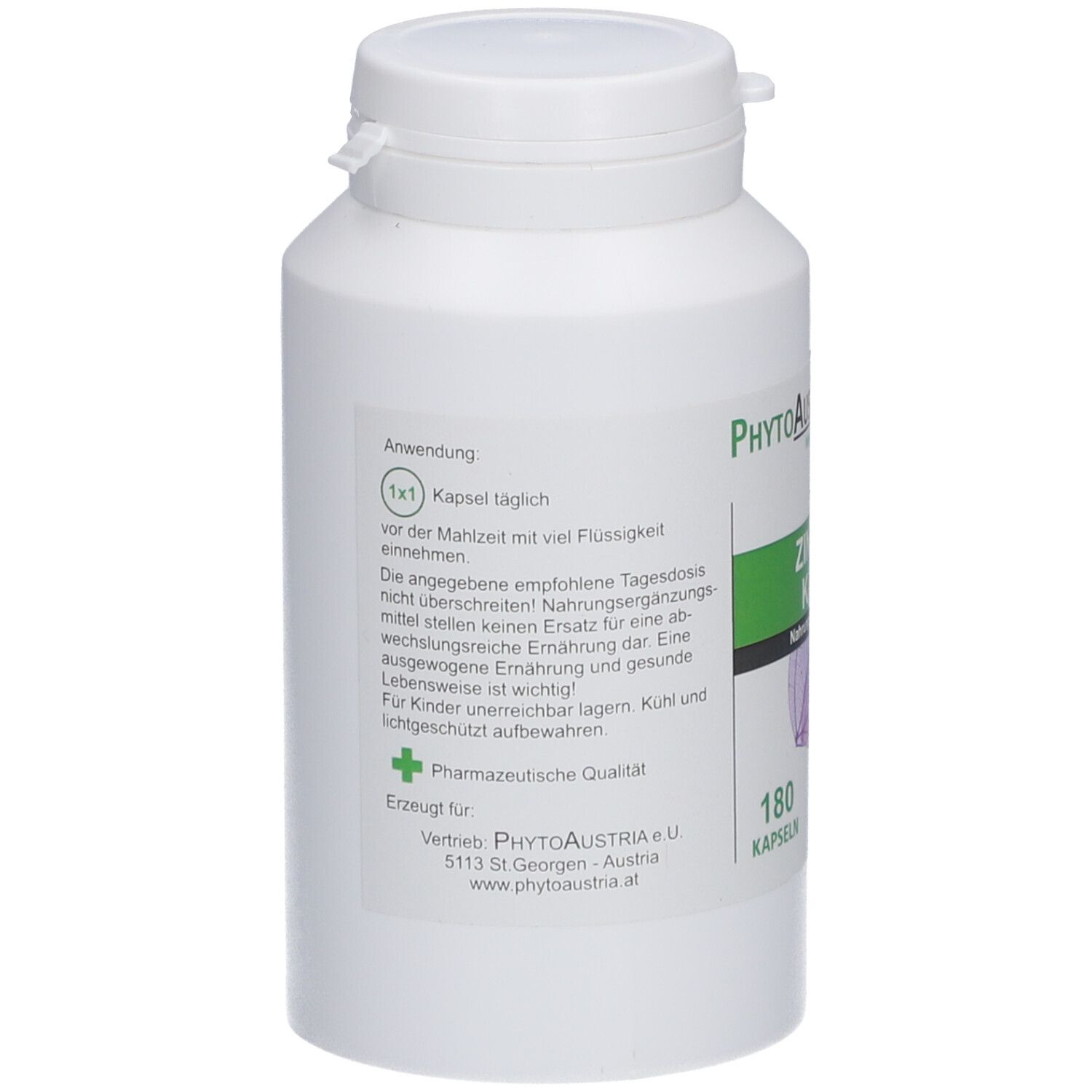 Rückseite der weißen Flasche. Text über Anwendung und Inhaltsstoffe. Marke: PhytoAustria.