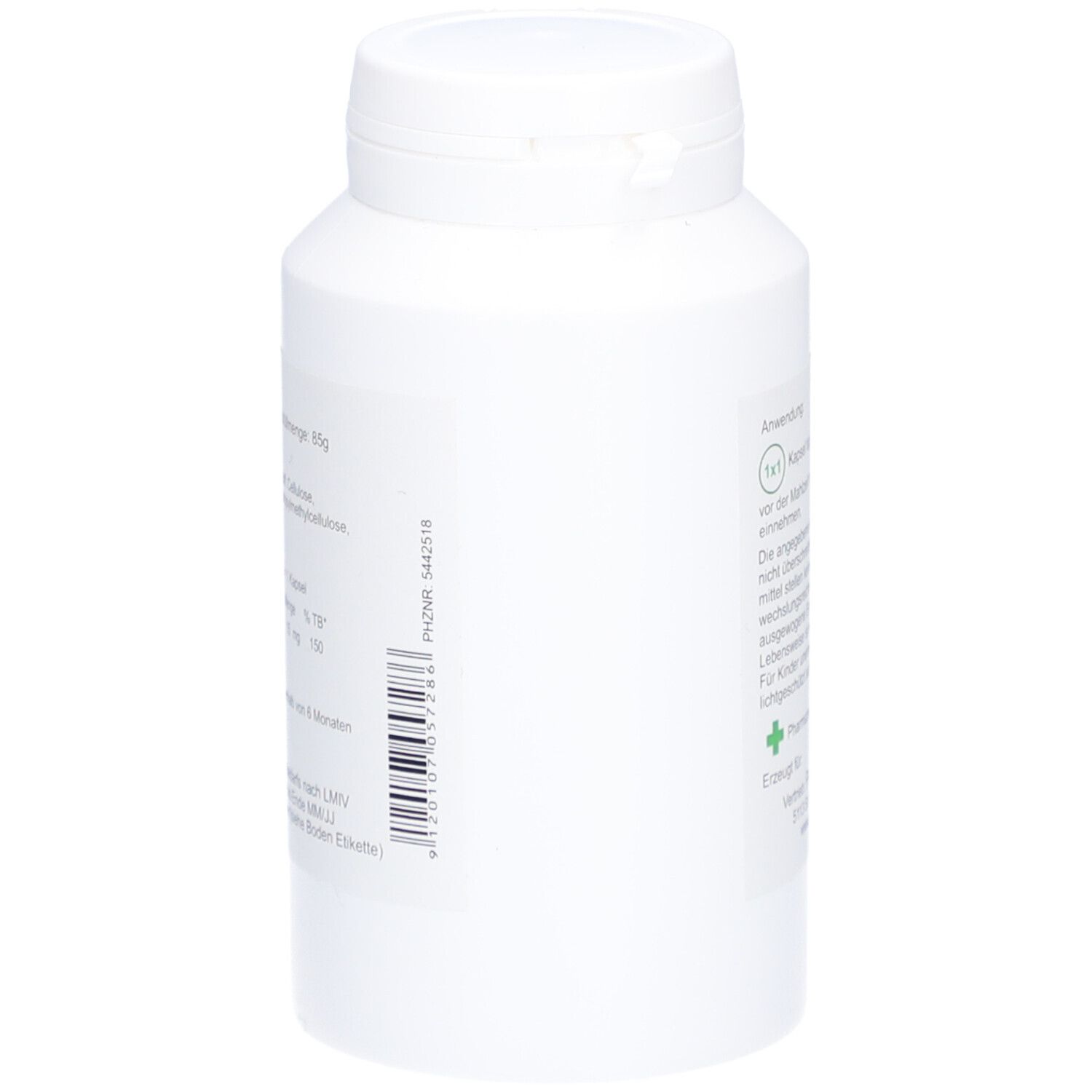 Weiße Flasche, Seitenansicht. Barcode und Text. Marke: PhytoAustria.