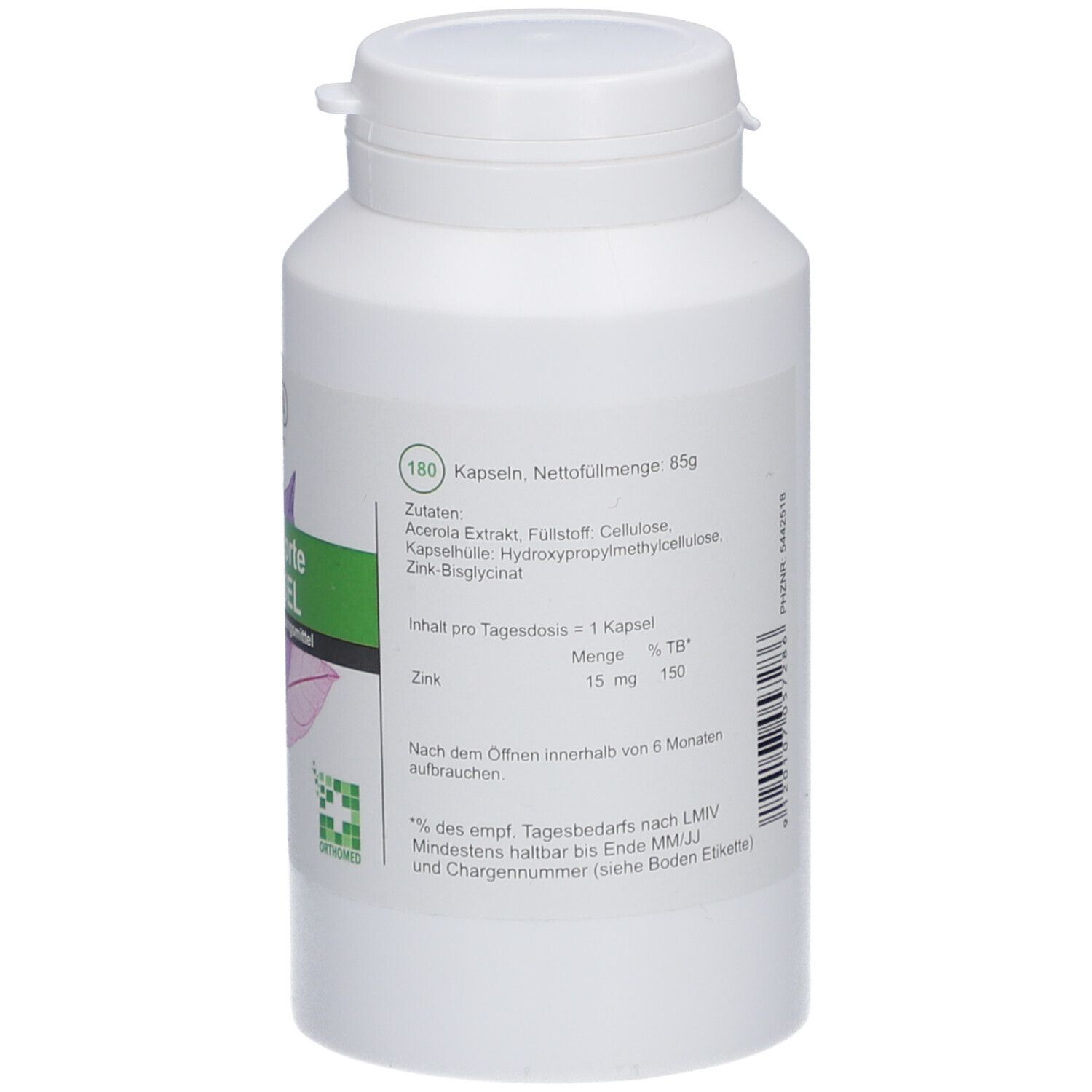 Rückseite der weißen Flasche. Text über Inhaltsstoffe. Marke: PhytoAustria.