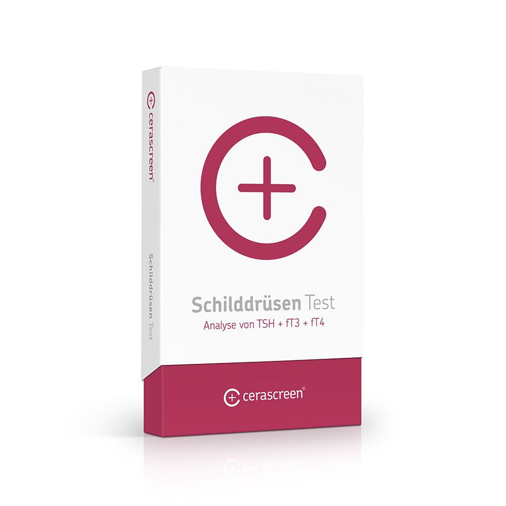 Schachtel mit Schilddrüsen Test. Weiß mit rotem Logo und Schriftzug. Analyse von TSH, fT3, fT4. Marke cerascreen®.