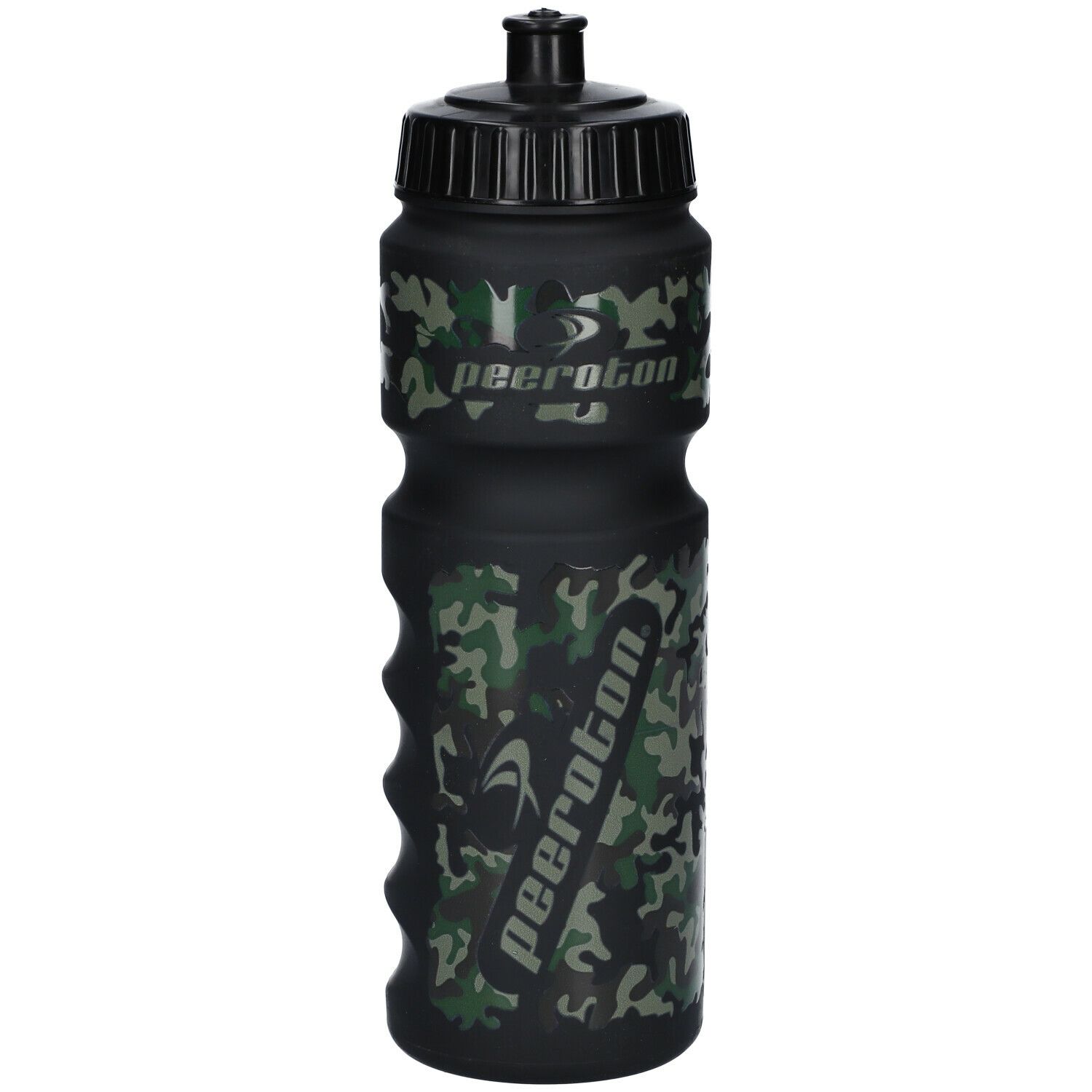 Schwarze Trinkflasche mit Camouflage-Muster und Griffmulden. Mit dem Logo peeroton.