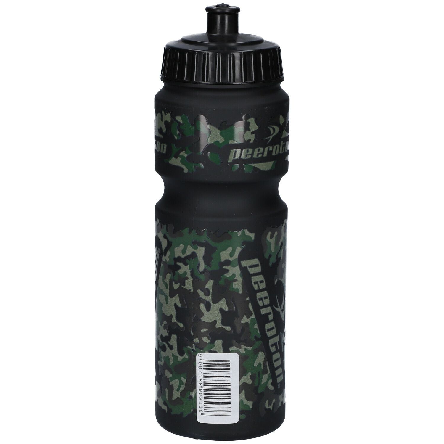Schwarze Trinkflasche mit Camouflage-Muster und Griffmulden. Mit dem Logo peeroton.