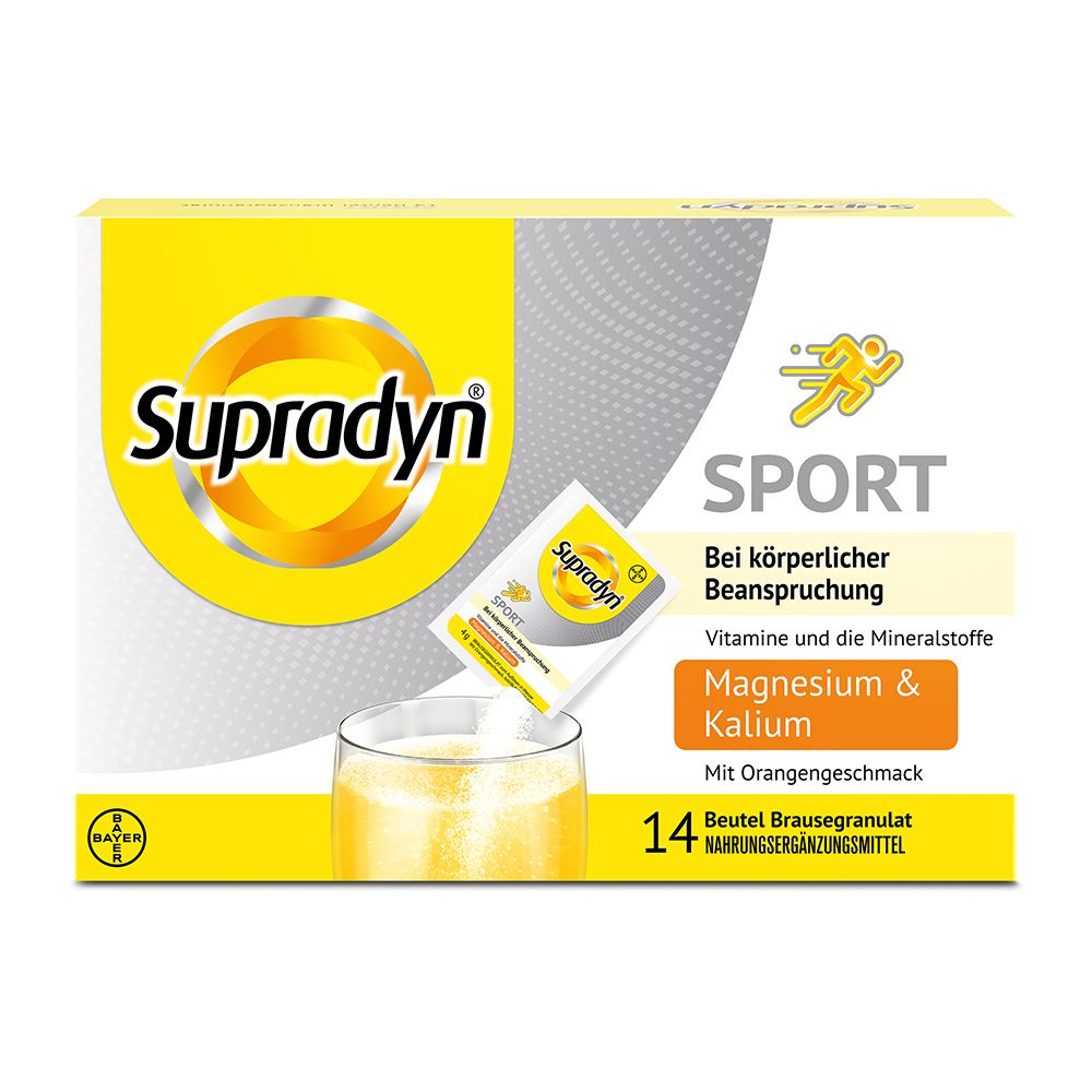 Schachtel Supradyn Sport Granulat. Enthält 14 Beutel Brausegranulat mit Magnesium, Kalium und B-Vitaminen.