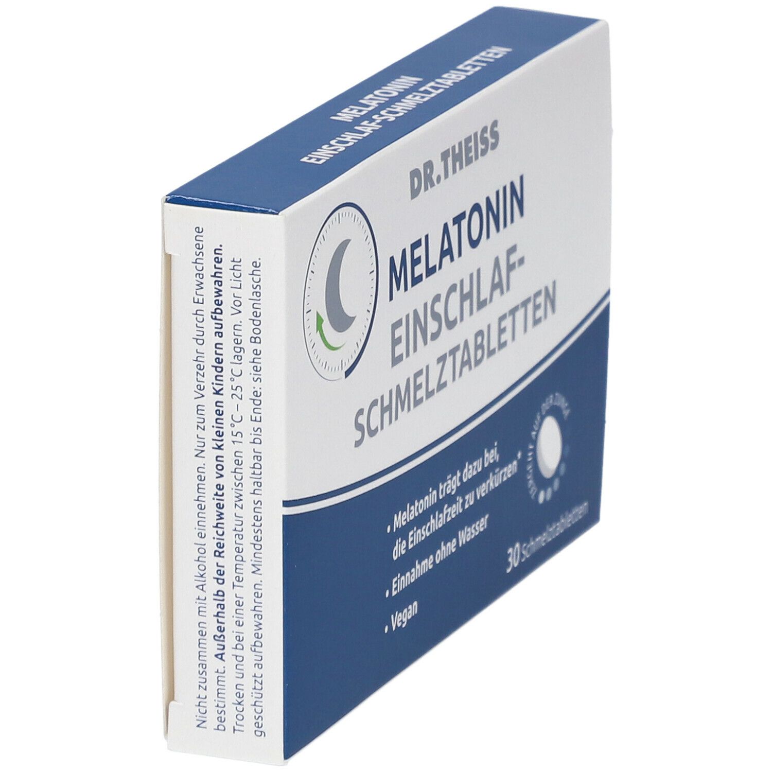 Schachtel "DR. THEISS Melatonin Einschlaf-Schmelztabletten". Blaue und weiße Verpackung. Seitenansicht. 30 Tabletten.