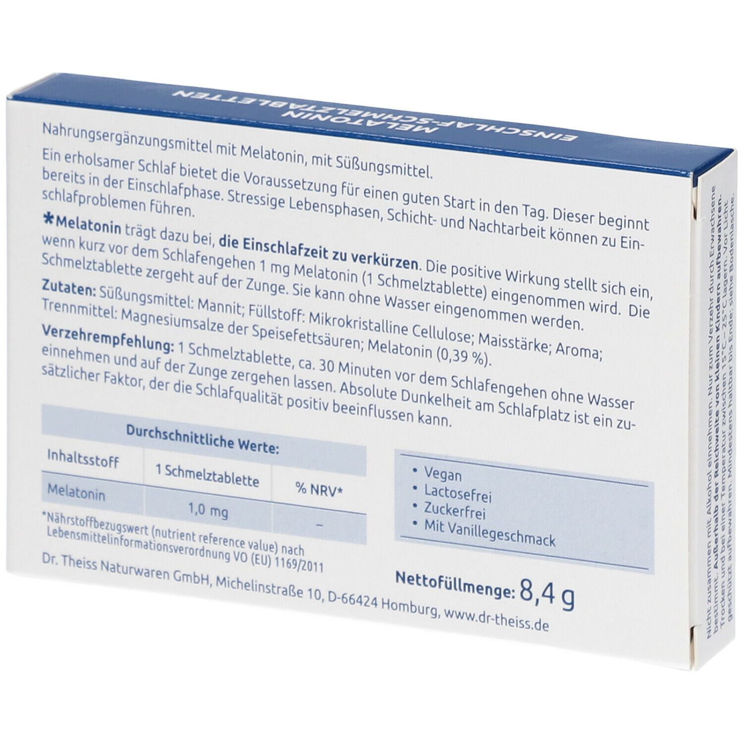 Rückseite der Schachtel "DR. THEISS Melatonin Einschlaf-Schmelztabletten". Text mit Inhaltsstoffen und Nährwertangaben.