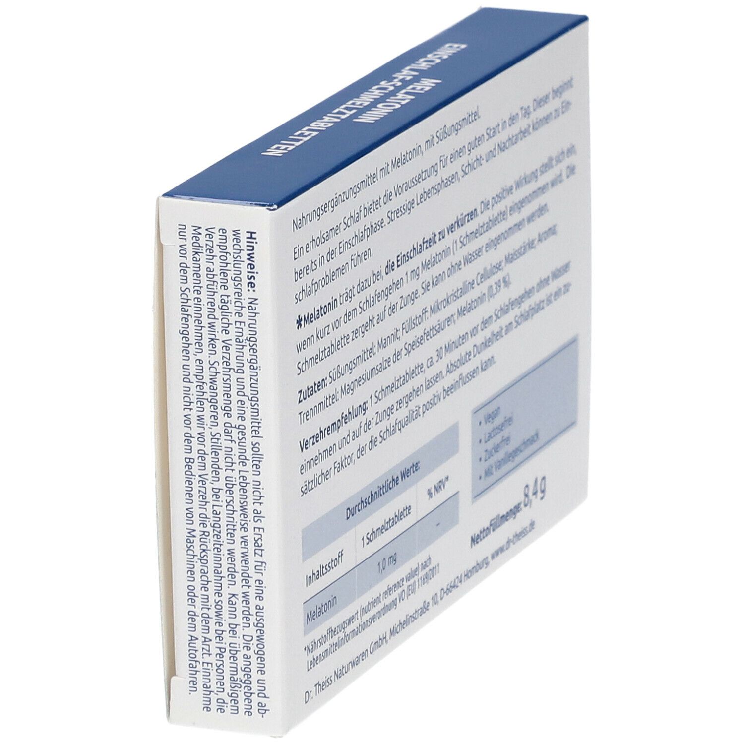 Schachtel "DR. THEISS Melatonin Einschlaf-Schmelztabletten". Seitenansicht mit Text und Nährwertangaben.