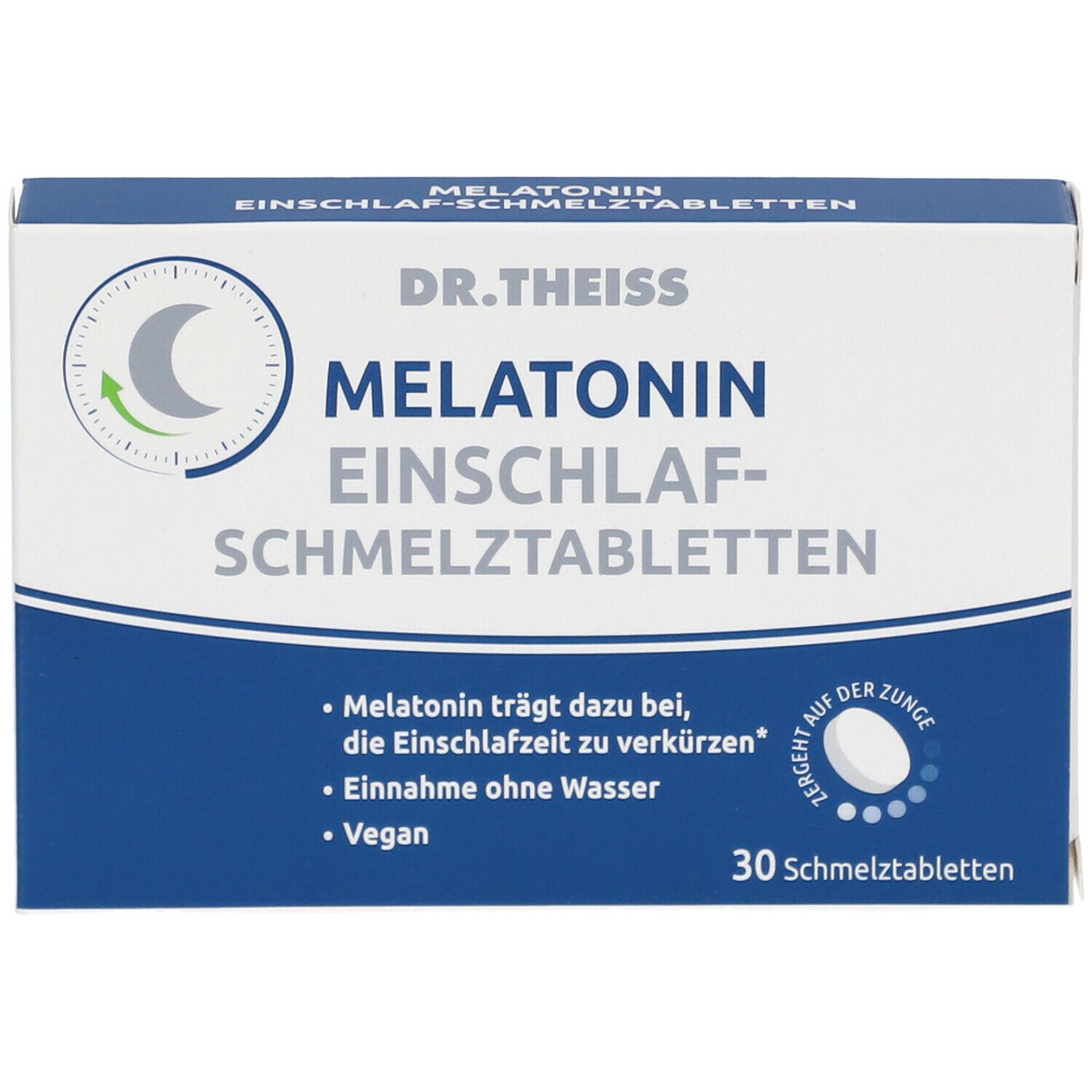 Schachtel "DR. THEISS Melatonin Einschlaf-Schmelztabletten". Blaue und weiße Verpackung. 30 Tabletten. Vegan.