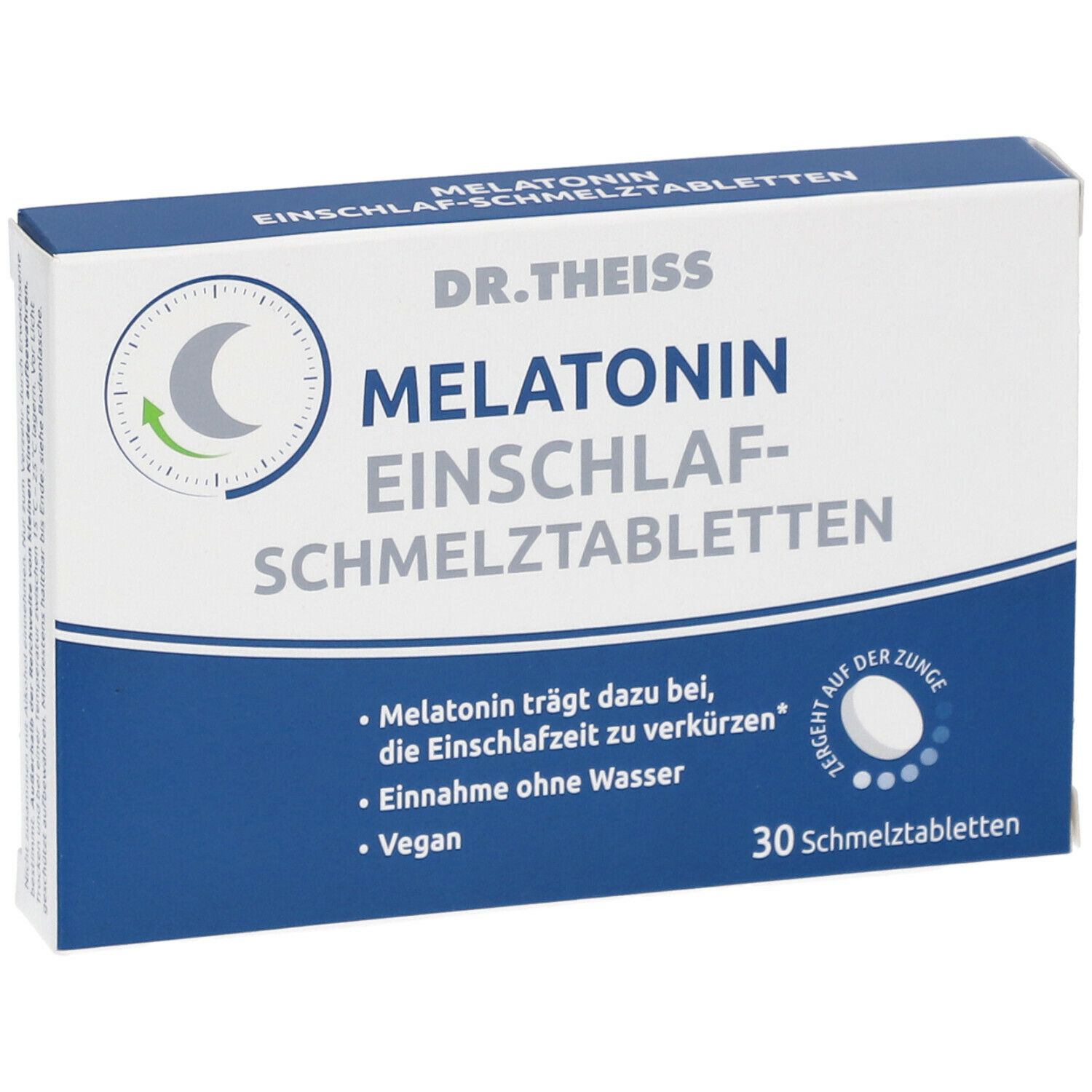 Schachtel "DR. THEISS Melatonin Einschlaf-Schmelztabletten". Blaue und weiße Verpackung. 30 Tabletten. Vegan.
