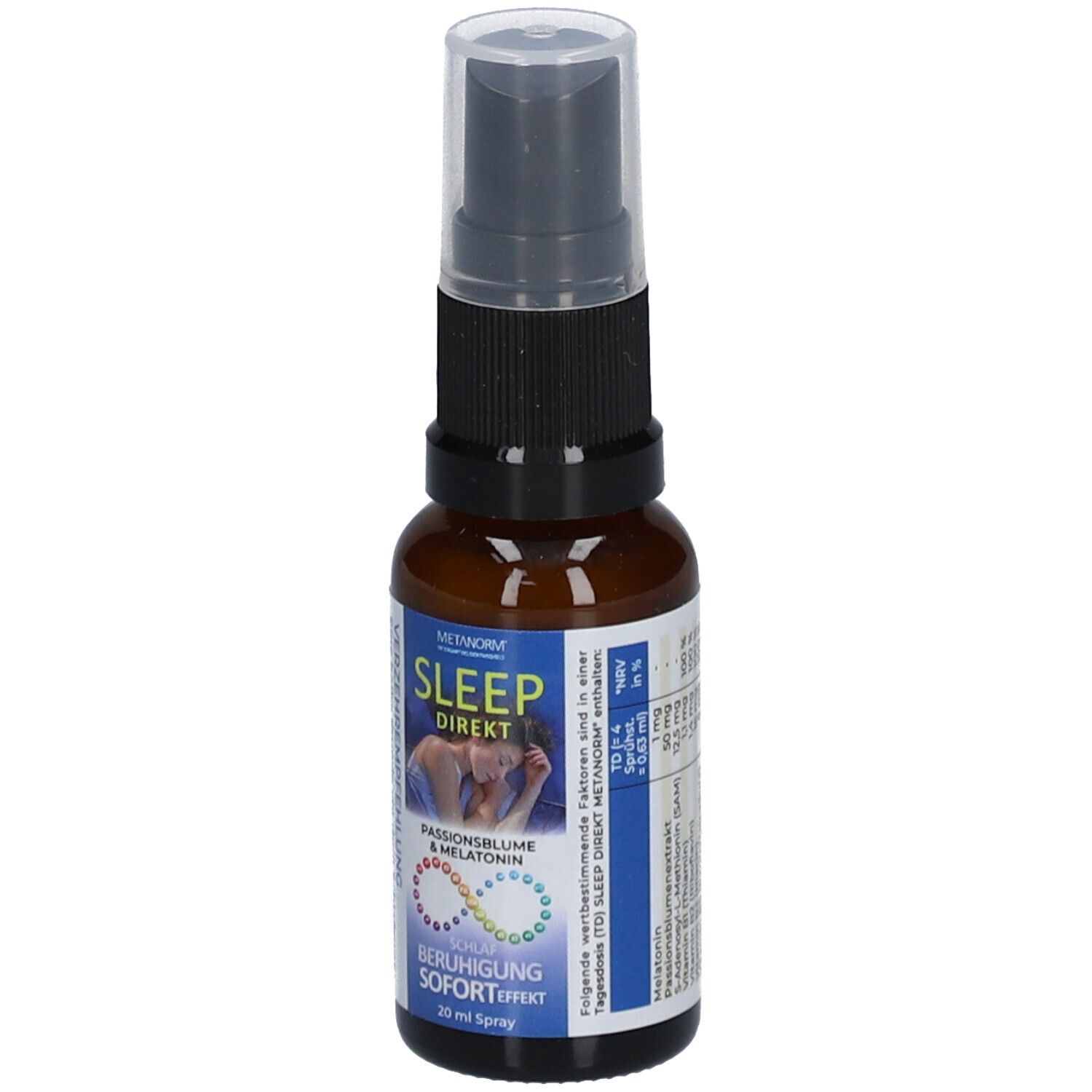 Braune Glasflasche mit schwarzem Sprühkopf. Aufschrift: METANORM SLEEP DIREKT, Passionsblume & Melatonin, Beruhigung Soforteffekt. 20 ml Spray.