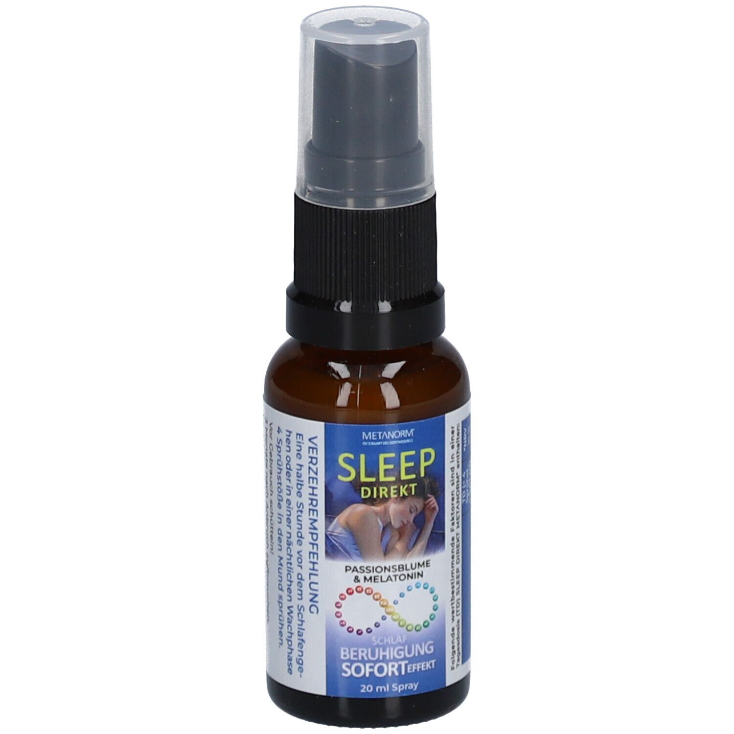 Braune Glasflasche mit schwarzem Sprühkopf. Aufschrift: METANORM SLEEP DIREKT, Passionsblume & Melatonin, Beruhigung Soforteffekt. 20 ml Spray.