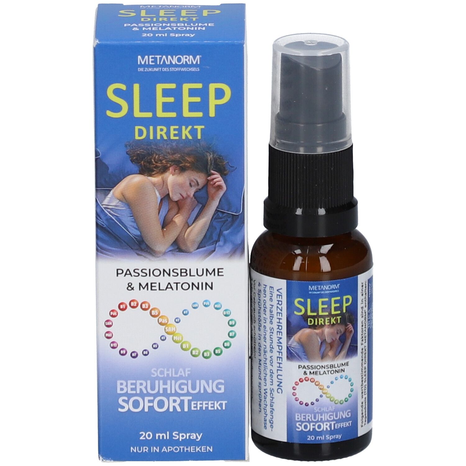 Produkt und Verpackung. Blaue Schachtel und braune Flasche mit Sprühkopf. Aufschrift: SLEEP DIREKT, Passionsblume & Melatonin, 20 ml Spray.