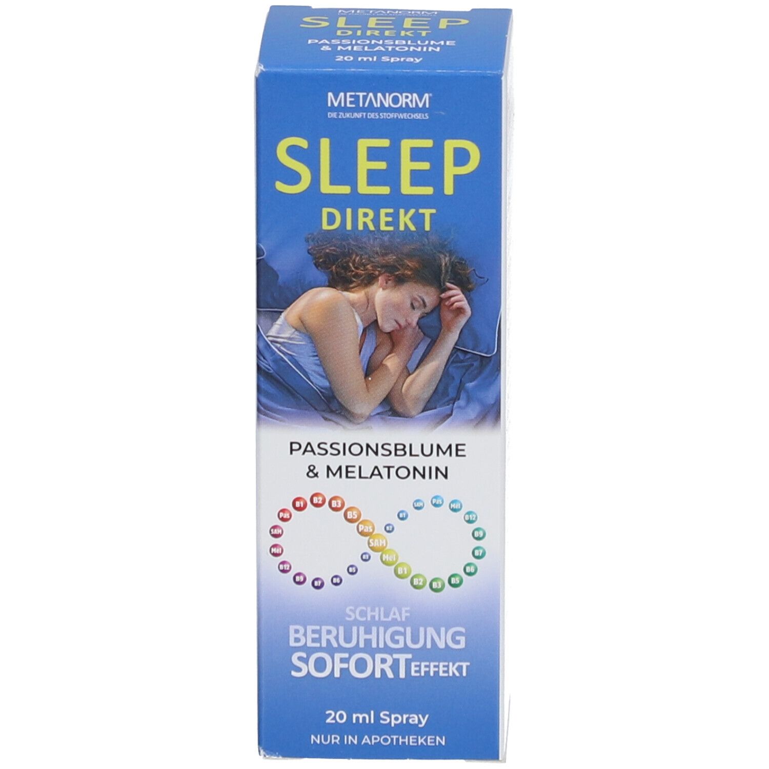 Blaue Schachtel mit Produktabbildung. Aufschrift: SLEEP DIREKT, Passionsblume & Melatonin, Beruhigung Soforteffekt. 20 ml Spray.