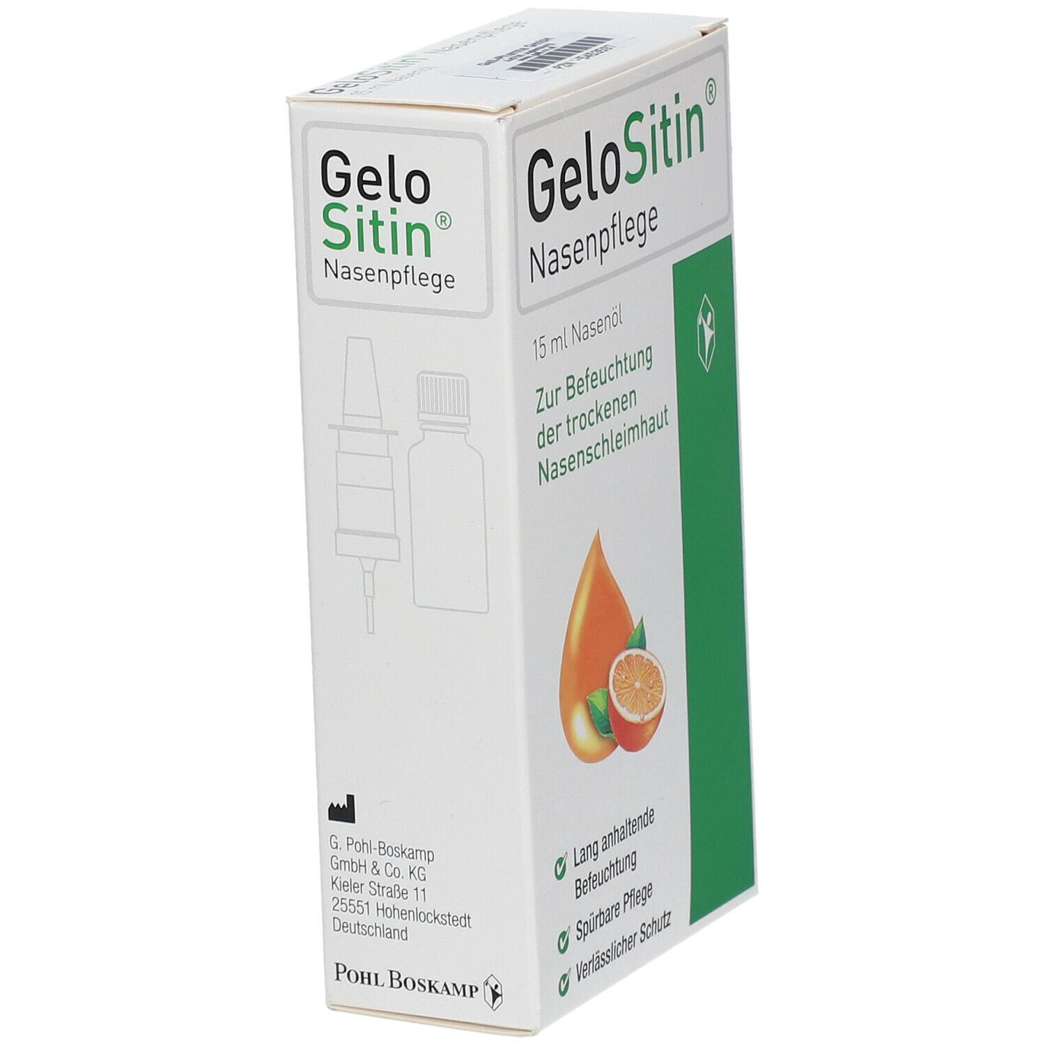 GeloSitin Nasenpflege-Verpackung. Weißer Karton mit Produktnamen und Abbildung einer Flasche. Enthält 15 ml Nasenöl.