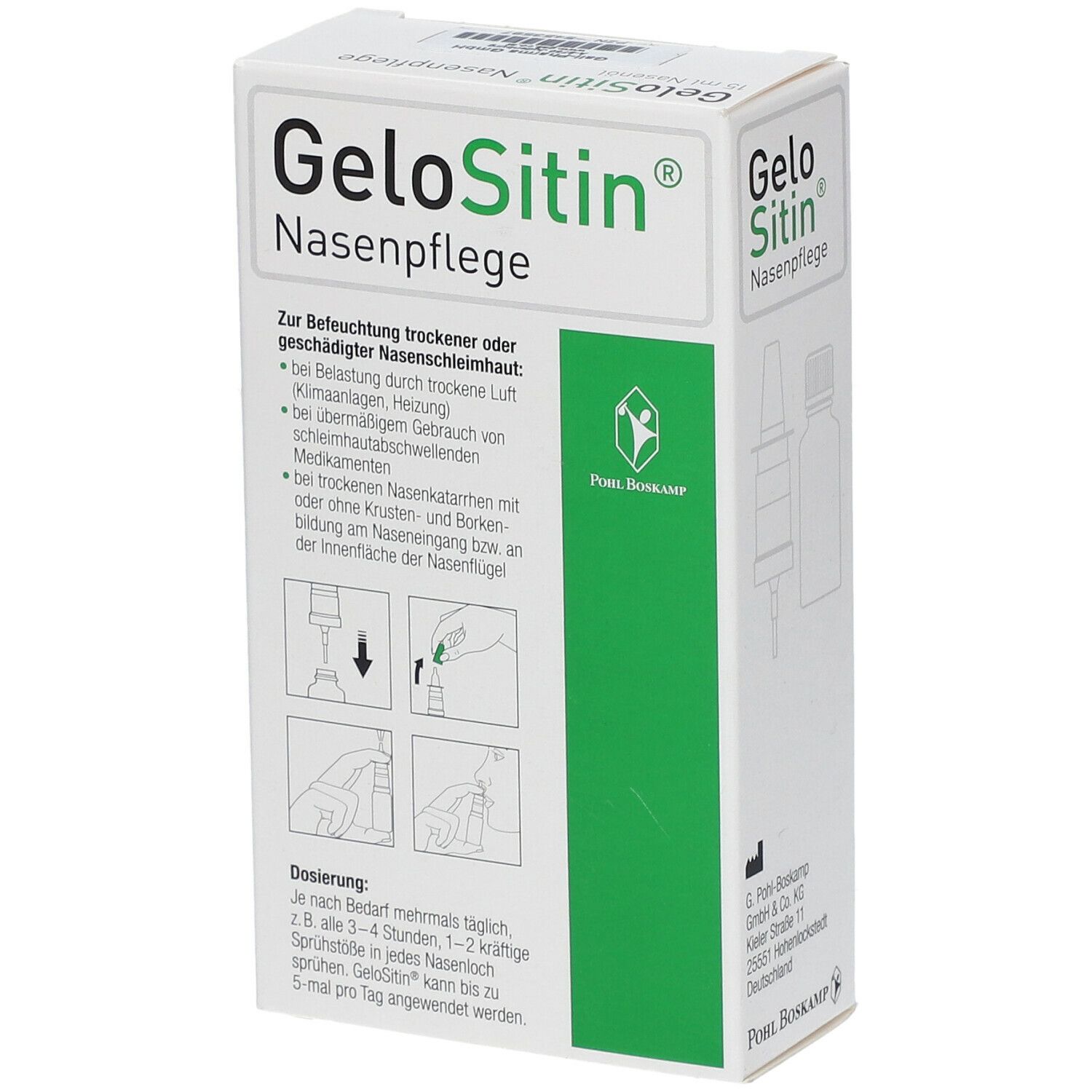 GeloSitin Nasenpflege-Verpackung. Weißer Karton mit Produktnamen und Anwendungsanleitung. Enthält 15 ml Nasenöl.