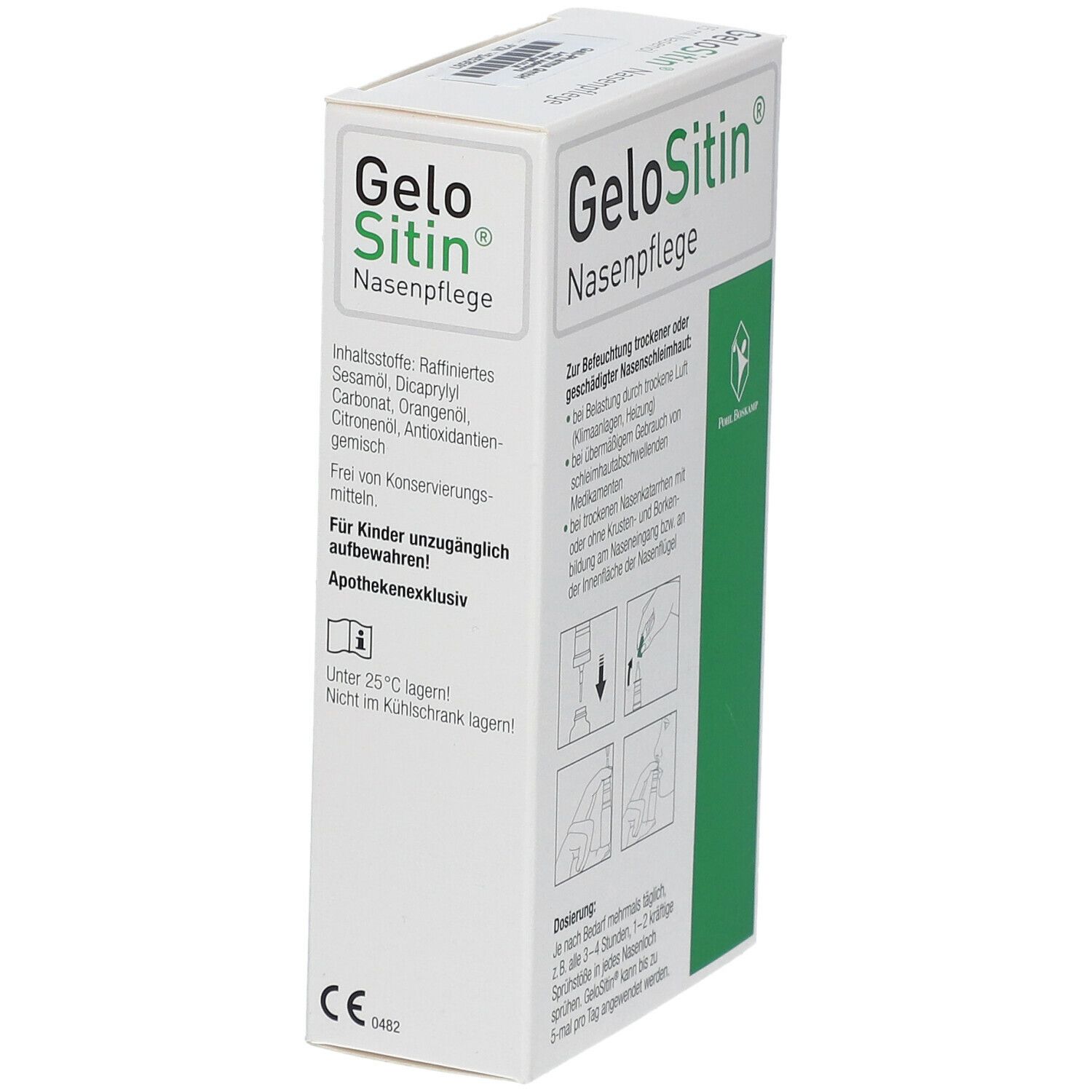 GeloSitin Nasenpflege-Verpackung. Weißer Karton mit Produktnamen und Inhaltsstoffen. Enthält 15 ml Nasenöl.