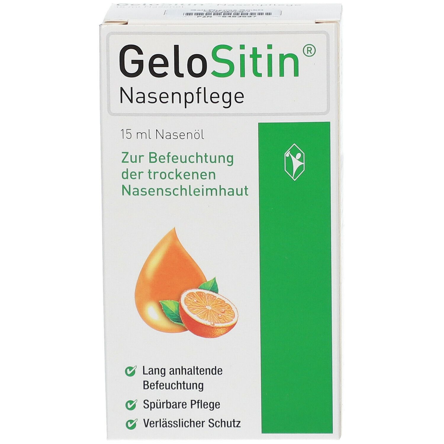 GeloSitin Nasenpflege-Verpackung. Weißer Karton mit Produktnamen und Illustration einer Orange. Enthält 15 ml Nasenöl.