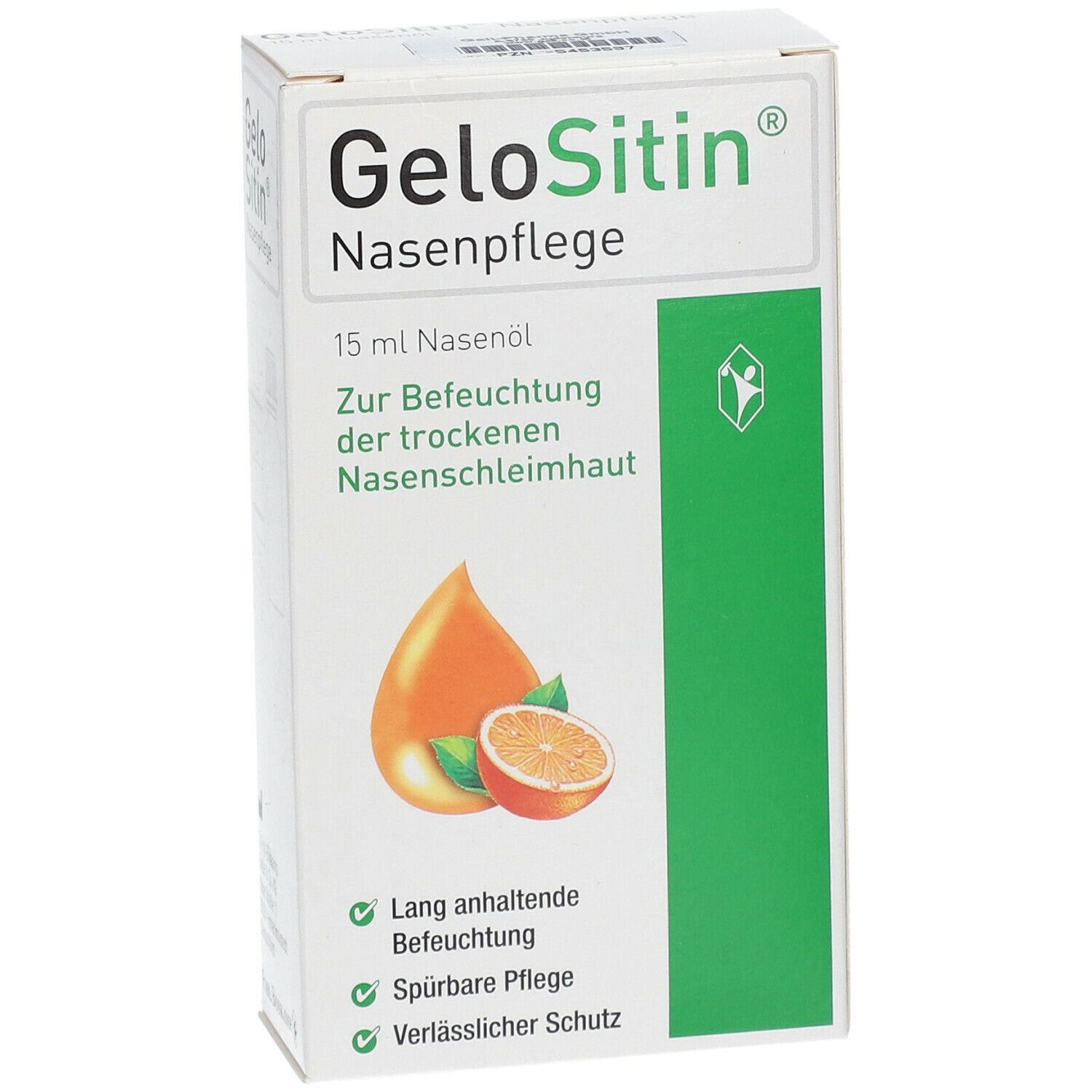GeloSitin Nasenpflege-Verpackung. Weißer Karton mit Produktnamen und Illustration einer Orange. Enthält 15 ml Nasenöl.