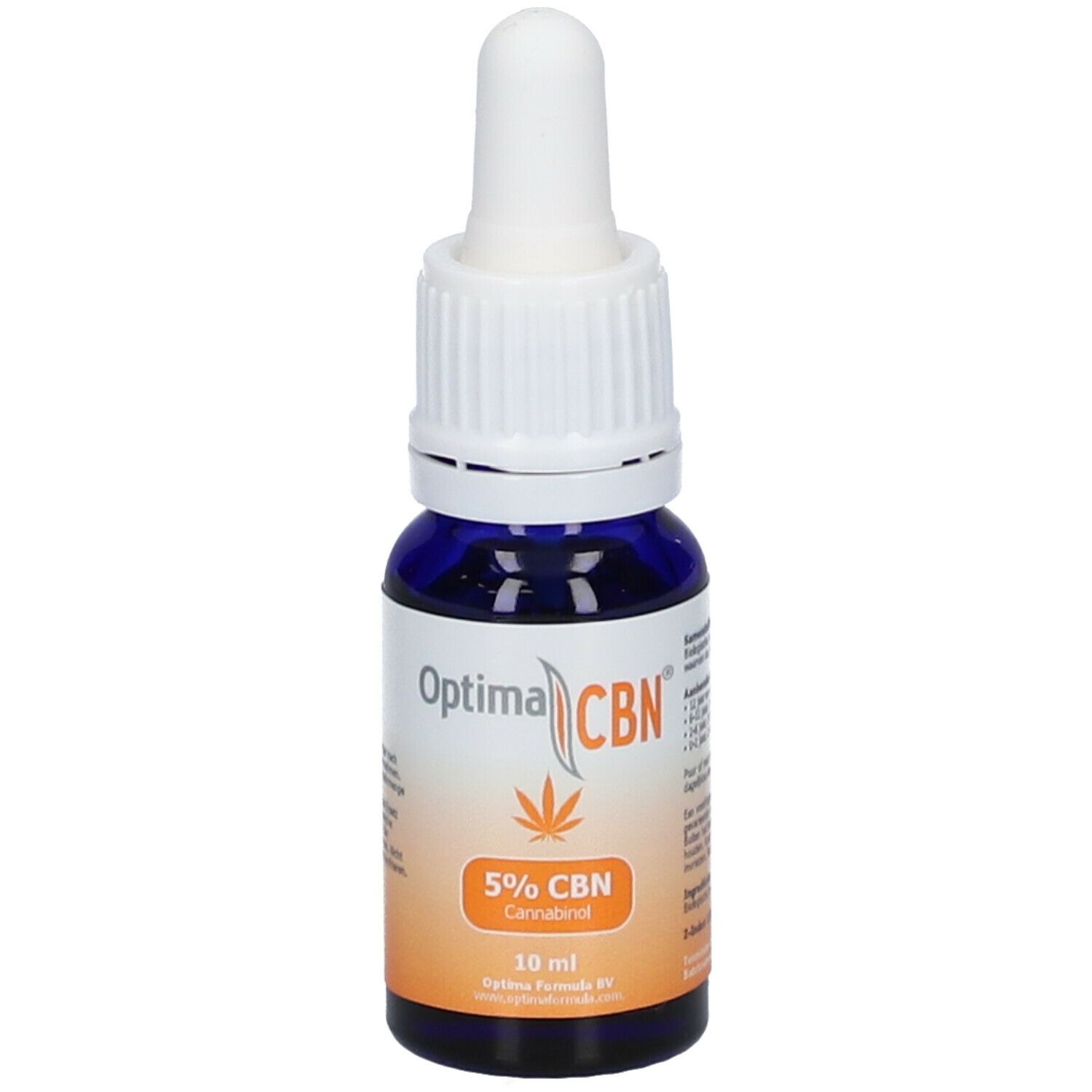 Blaue Glasflasche mit weißem Deckel und Pipette. Aufkleber mit Optima CBN, 5% CBN Cannabinol und 10 ml.