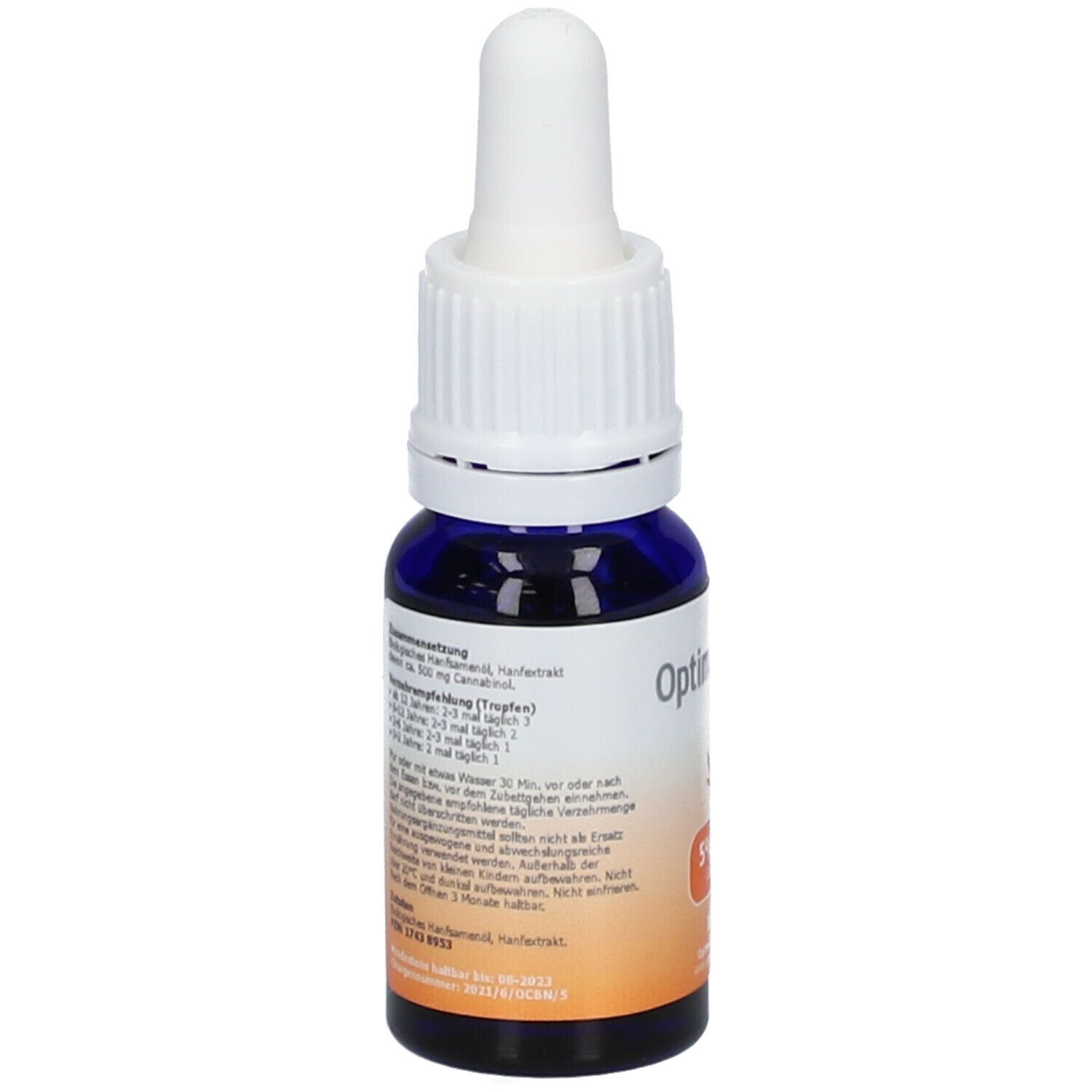 Blaue Glasflasche mit weißem Deckel und Pipette. Aufkleber mit Optima CBN, 5% CBN Cannabinol und 10 ml. Textinformationen.