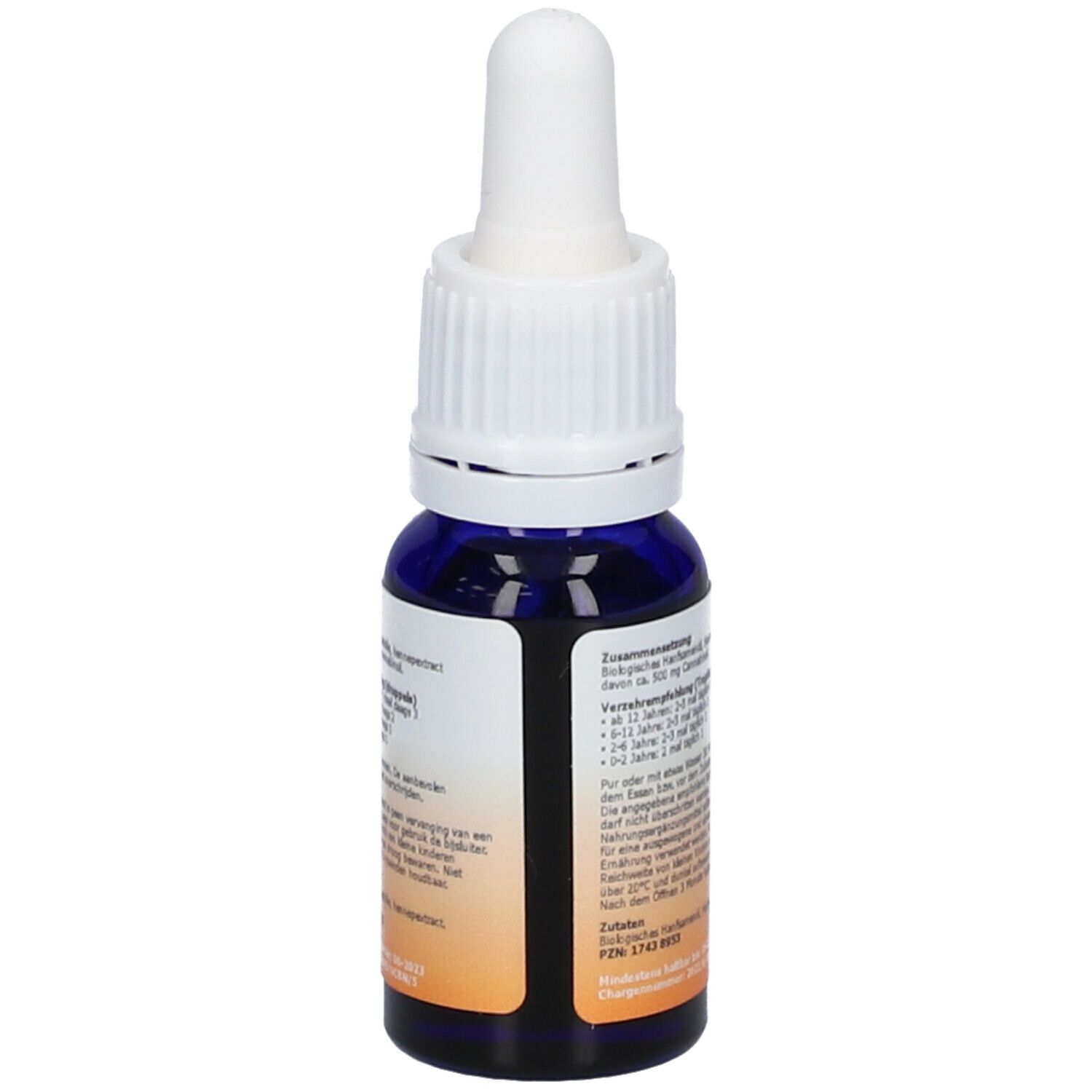 Blaue Glasflasche mit weißem Deckel und Pipette. Aufkleber mit Optima CBN, 5% CBN Cannabinol und 10 ml. Textinformationen.