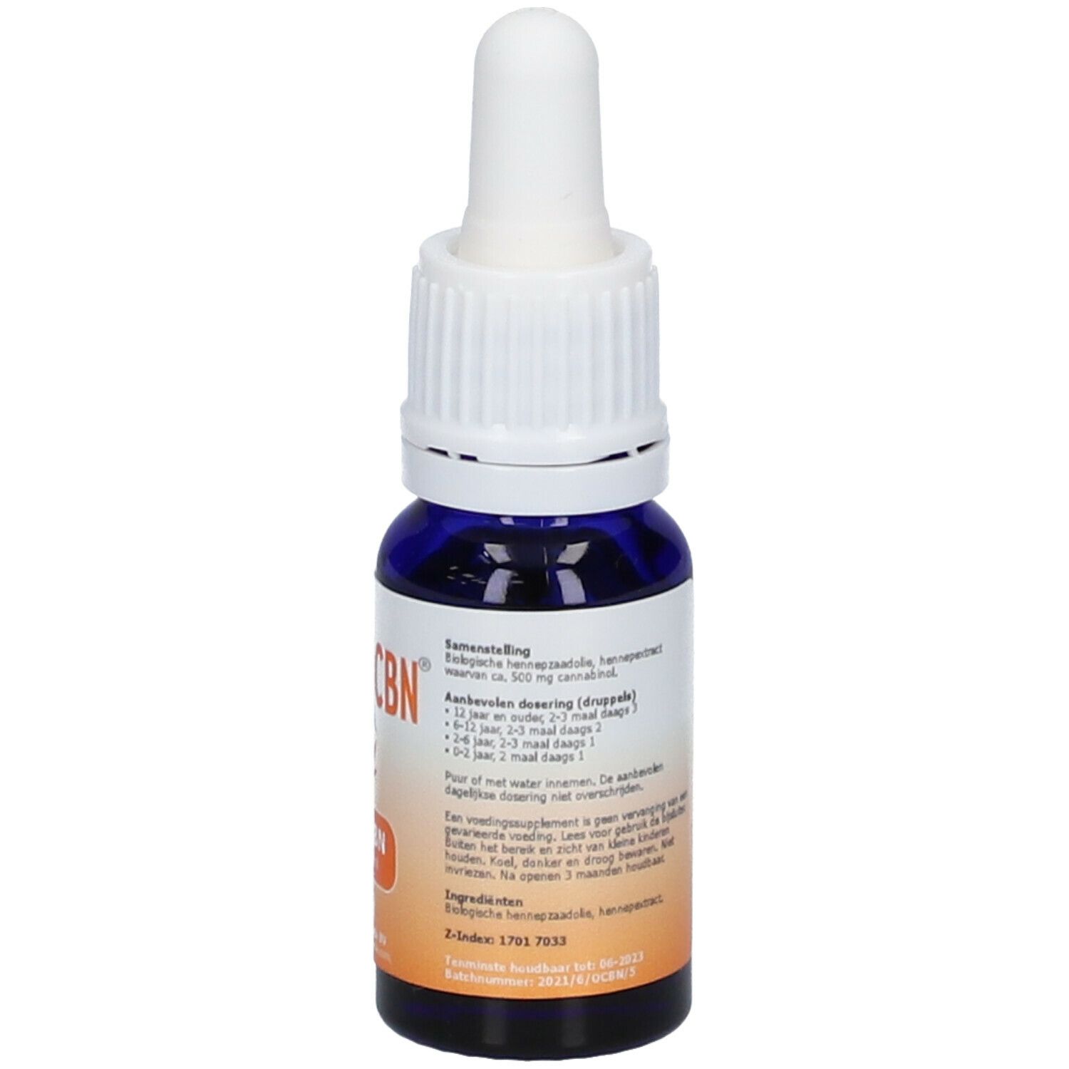 Blaue Glasflasche mit weißem Deckel und Pipette. Aufkleber mit Optima CBN, 5% CBN Cannabinol und 10 ml. Textinformationen.