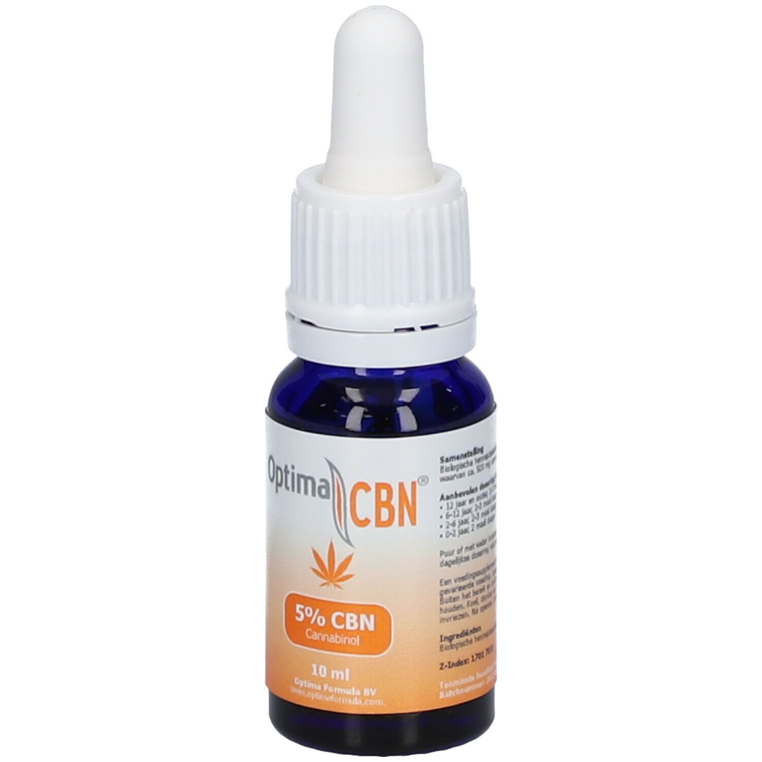 Blaue Glasflasche mit weißem Deckel und Pipette. Aufkleber mit Optima CBN, 5% CBN Cannabinol und 10 ml.