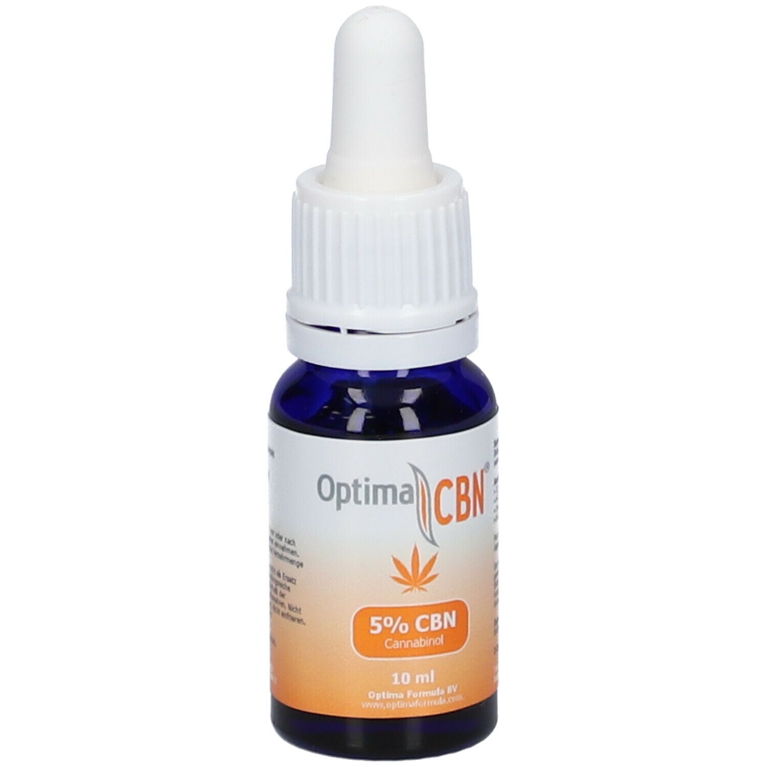 Blaue Glasflasche mit weißem Deckel und Pipette. Aufkleber mit Optima CBN, 5% CBN Cannabinol und 10 ml.