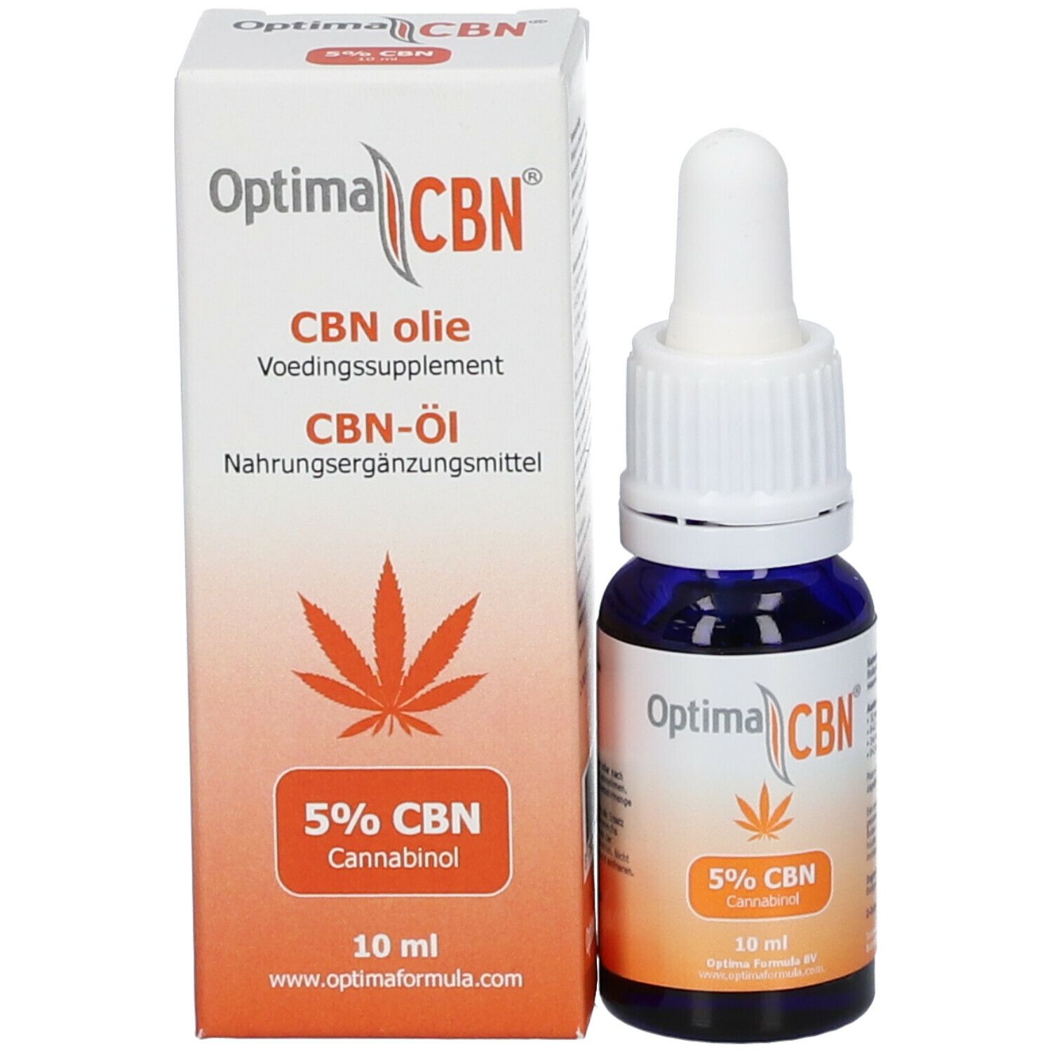 Optima CBN Produkt mit Verpackung. Flasche und Karton. Aufschrift: CBN Öl, 5% CBN Cannabinol, 10 ml.