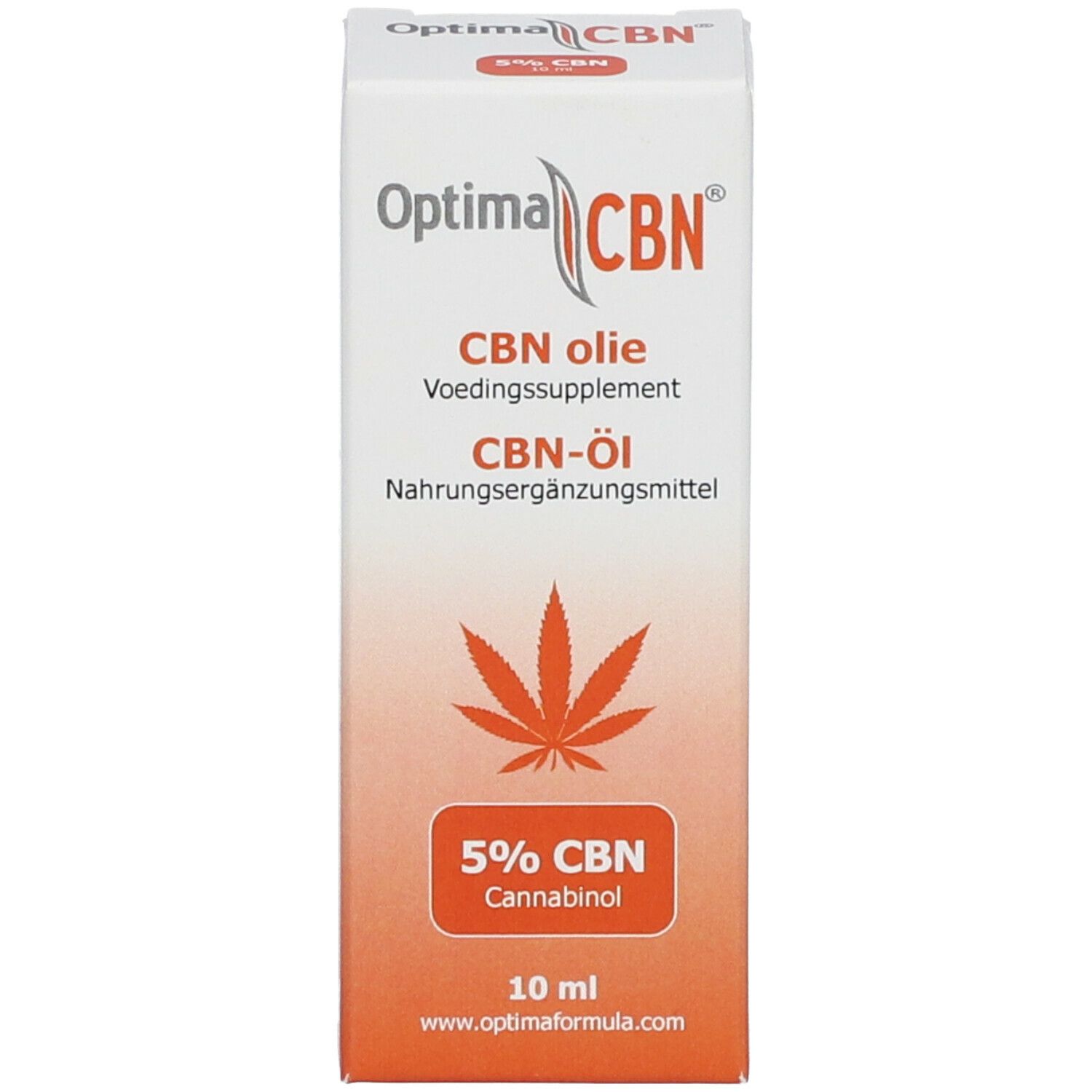 Verpackung von Optima CBN. Aufschrift: CBN Öl, 5% CBN Cannabinol, 10 ml.