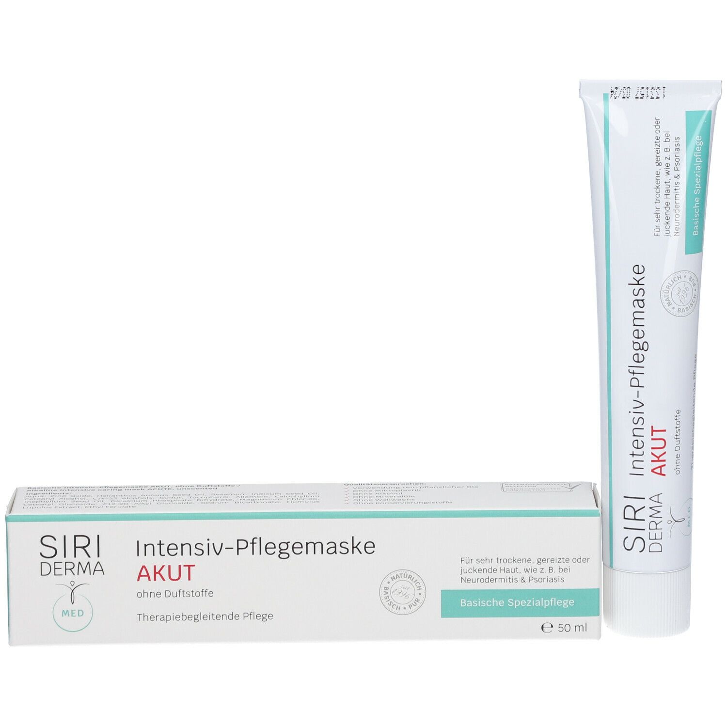 SIRIDERMA Intensiv-Pflegemaske Akut Tube und Schachtel. Schachtel: weiß mit türkisen Akzenten. Text: "Basische Spezialpflege".