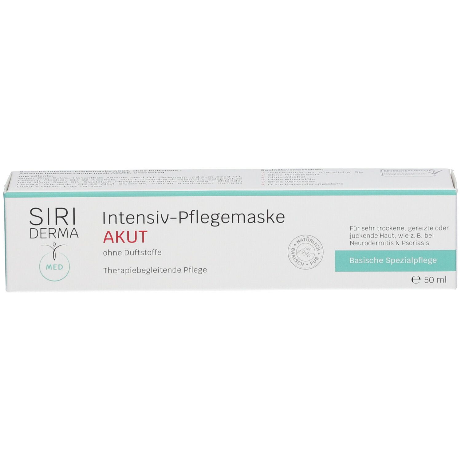 Schachtel SIRIDERMA Intensiv-Pflegemaske Akut, weiß mit türkisen Akzenten. Text: "Basische Spezialpflege", "Therapiebegleitende Pflege".