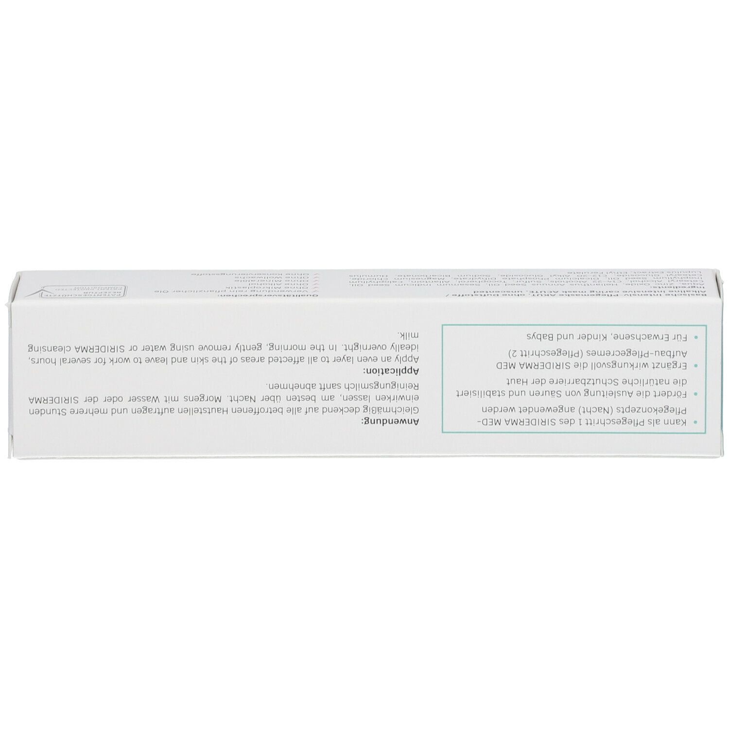 Schachtel SIRIDERMA Intensiv-Pflegemaske Akut. Text: Anwendungshinweise, Inhaltsstoffe, Herstellerinformationen.