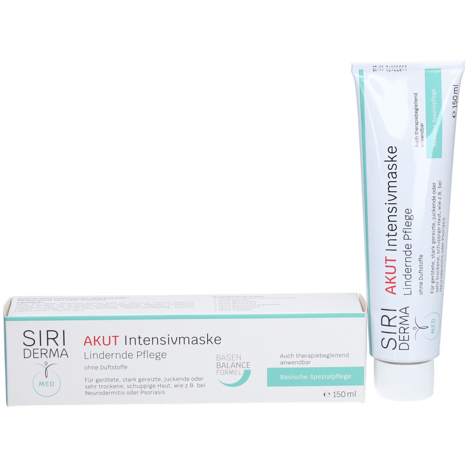 SIRIDERMA Akut Intensiv-Pflegemaske und Verpackung. Tube und Schachtel. Text: Akut, Lindernde Pflege, ohne Duftstoffe. 150ml.