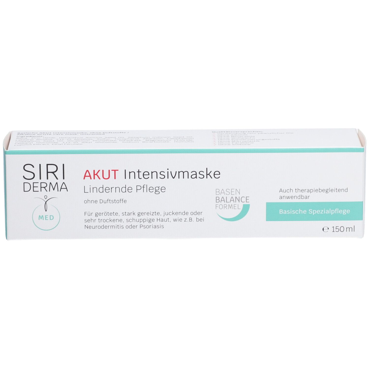 Schachtel SIRIDERMA Akut Intensiv-Pflegemaske. Text: Akut, Lindernde Pflege, ohne Duftstoffe. Basen Balance Formel. 150ml.
