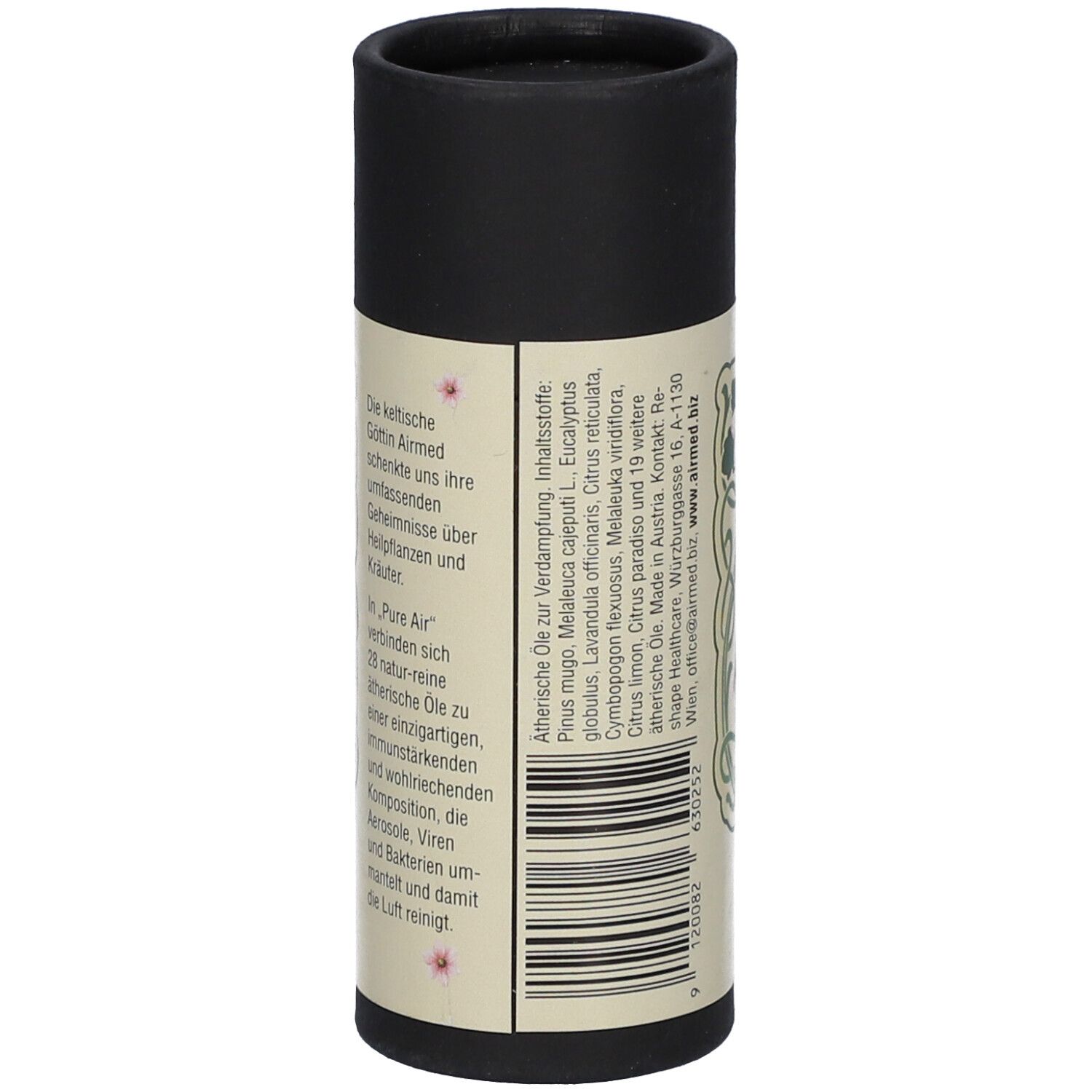 Zylindrische Verpackung mit Text über ätherische Öle. Schwarzer Deckel. Barcode.