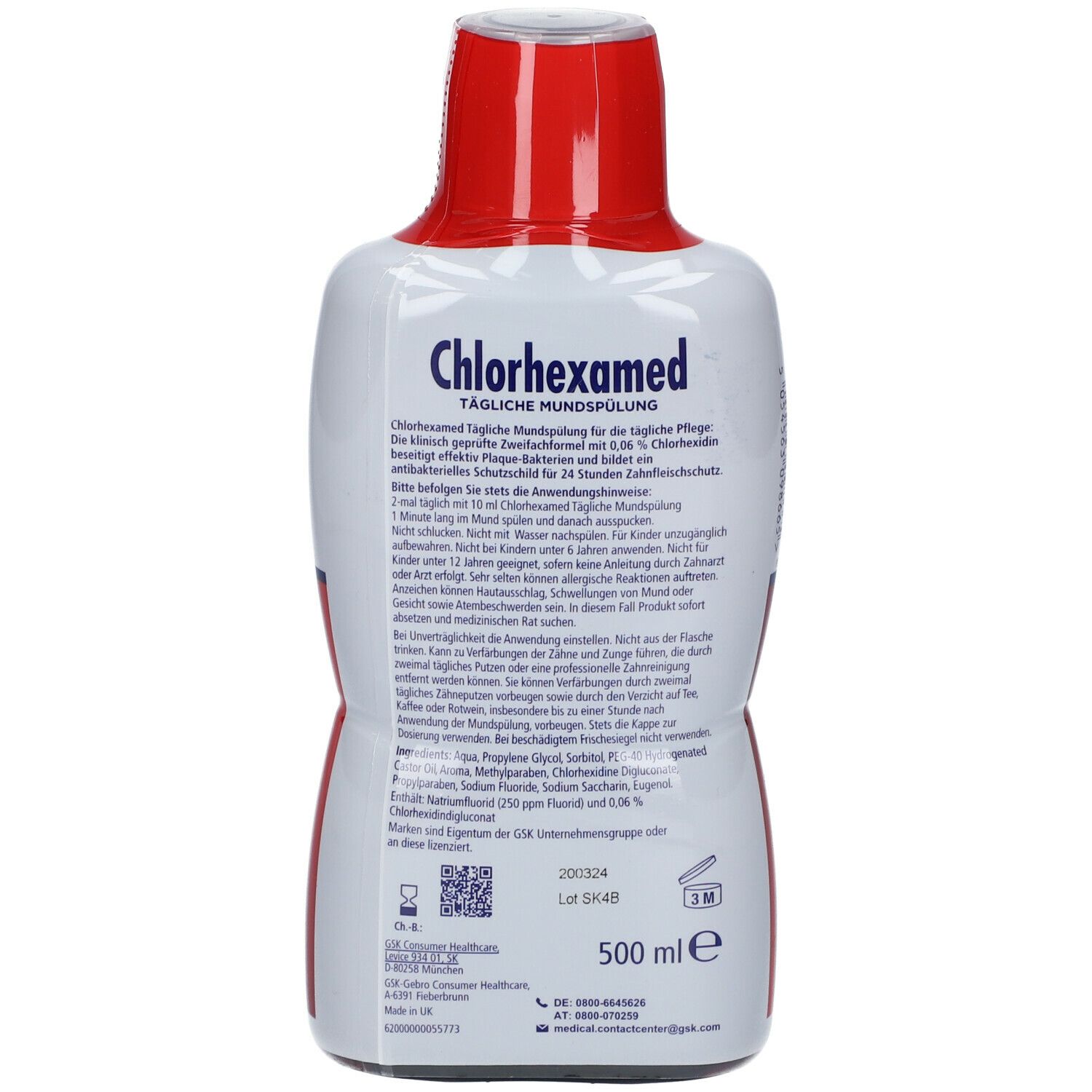 Rückseite der Chlorhexamed Tägliche Mundspülung. Text in mehreren Sprachen. Inhaltsstoffe und Herstellerinformationen.